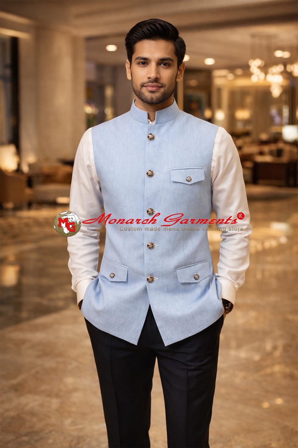 Sky blue linen Nehru vest for men tailored fit summer waistcoat for weddings and formal events