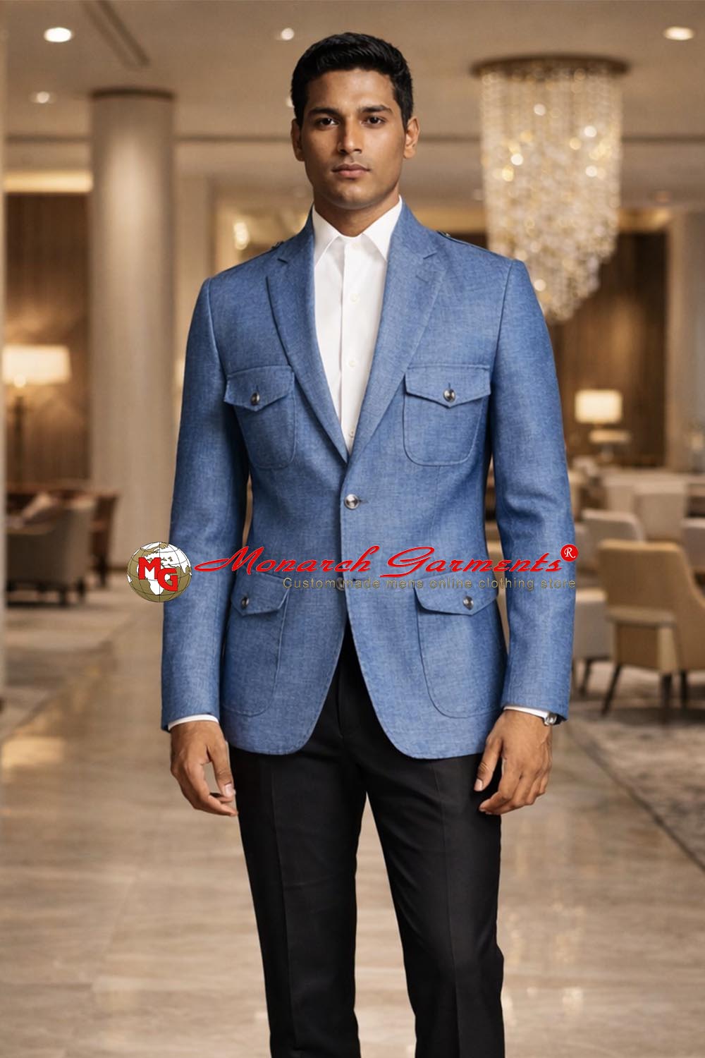 Sky blue linen safari jacket for men slim fit with epaulettes and four flap pockets
