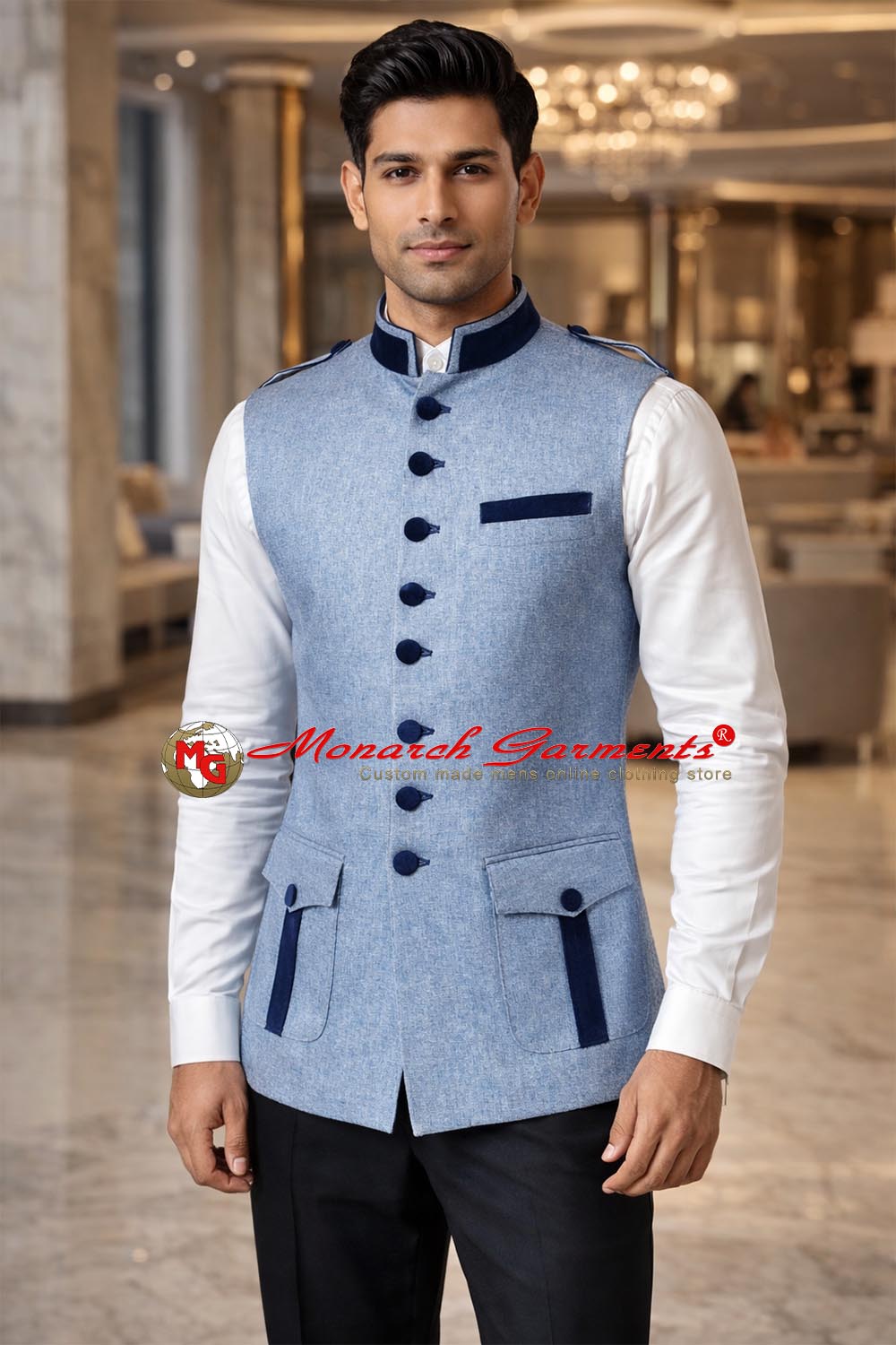 Sky blue linen Nehru vest for men with velvet detailing tailored fit wedding wear India