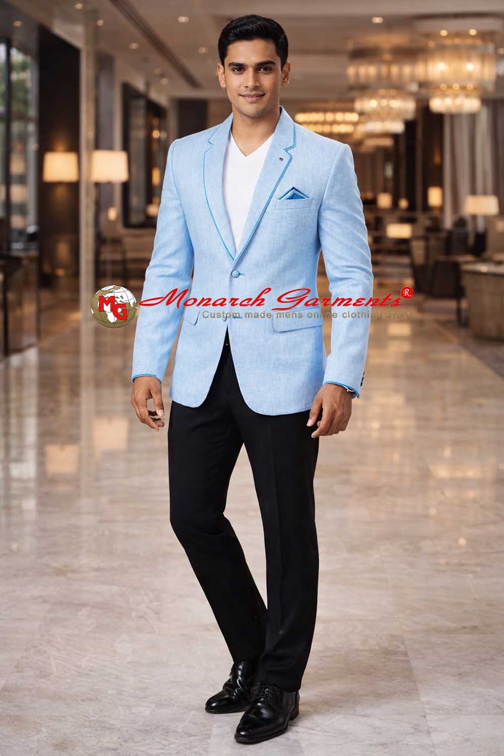 Sky blue linen tuxedo suit for men with black trousers slim fit summer wedding outfit