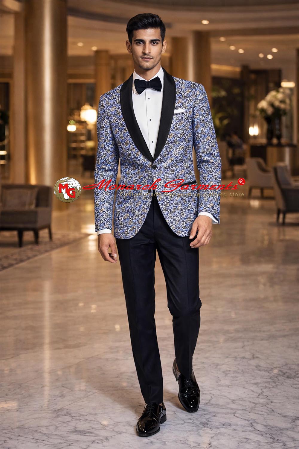 Men’s sky blue paisley print cotton slim fit blazer with satin shawl lapel designer wedding reception jacket