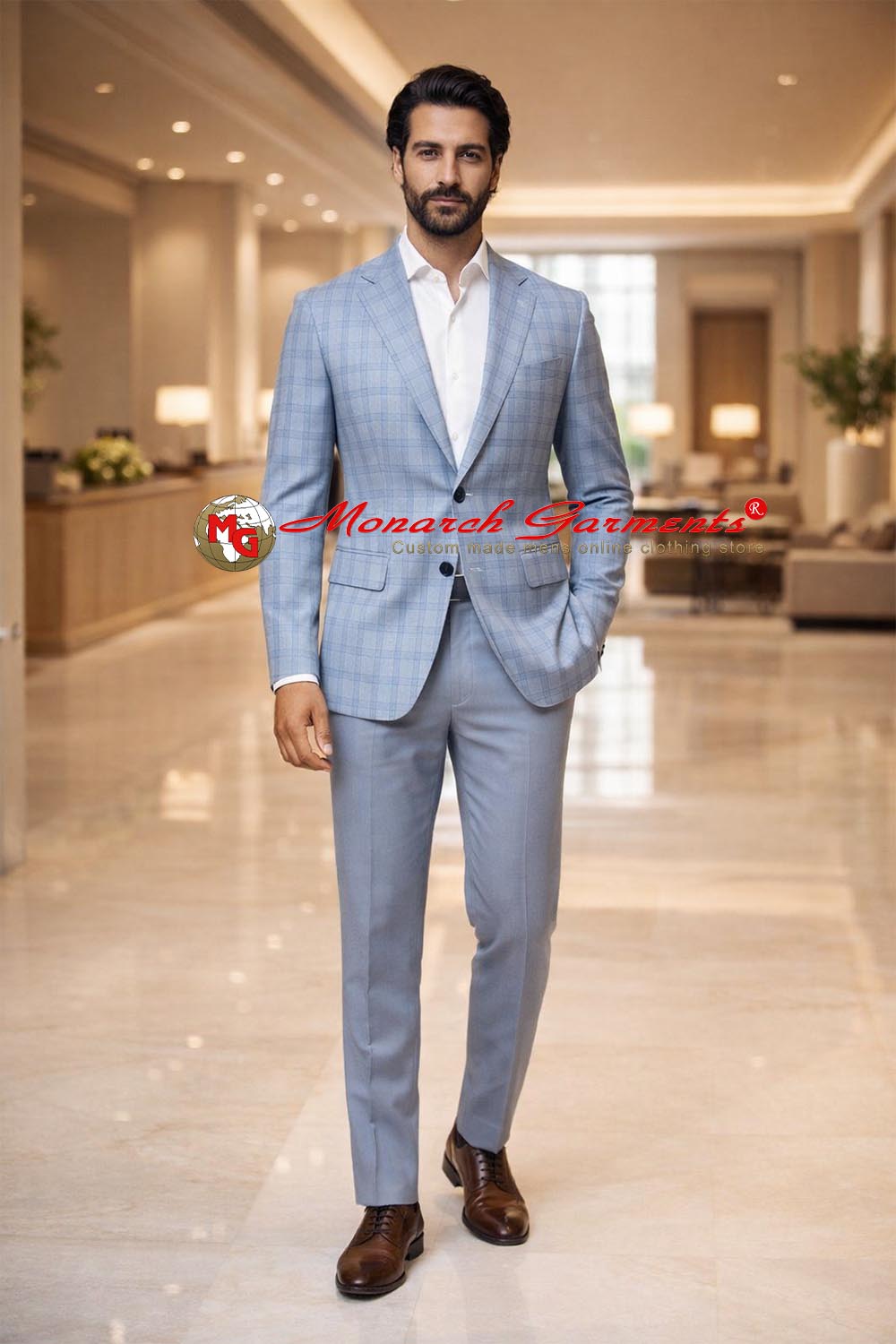 Men wearing sky blue plaid sport coat with formal trousers for business casual and semi formal occasions