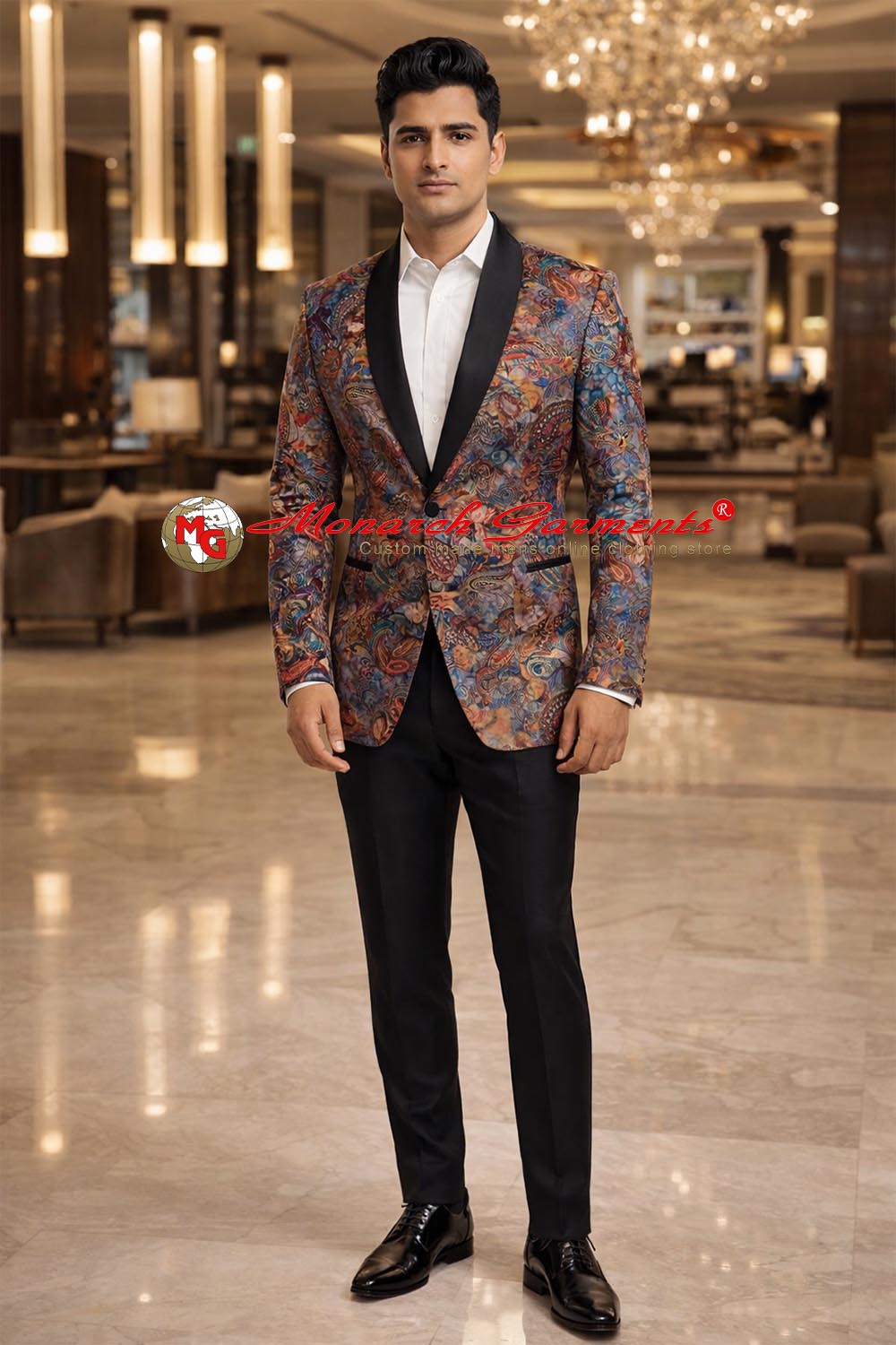 Men’s sky blue printed velvet shawl collar slim fit wedding blazer by Monarch Garments