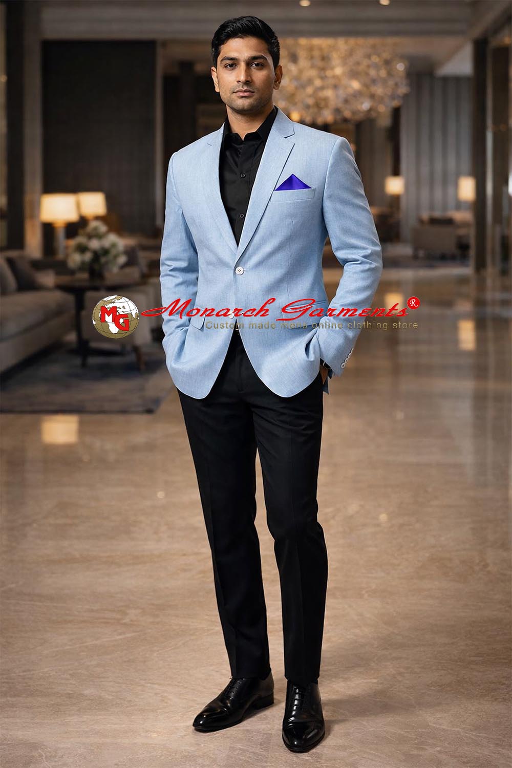 Sky blue pure linen slim fit casual blazer for men with notch collar by Monarch Garments