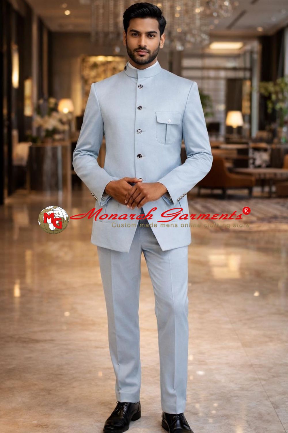Sky blue Jodhpuri suit for men with safari pockets.