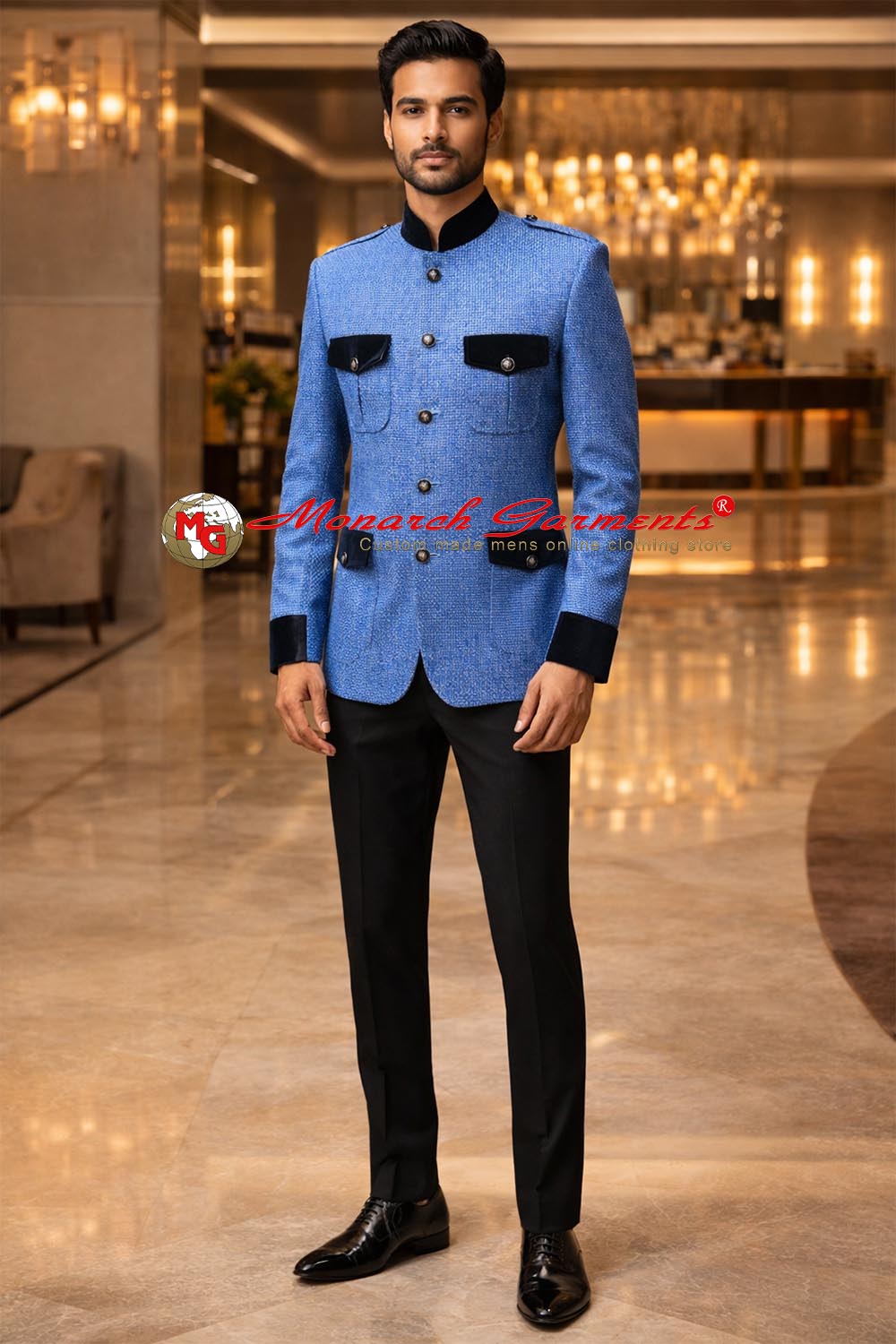 Sky blue safari style Jodhpuri blazer with black velvet patches and slim fit tailoring by Monarch Garments