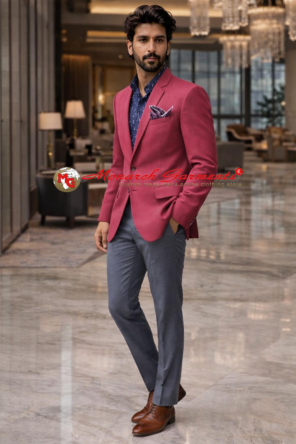 Men wearing slim fit red blazer with grey trousers for party and smart casual wear India