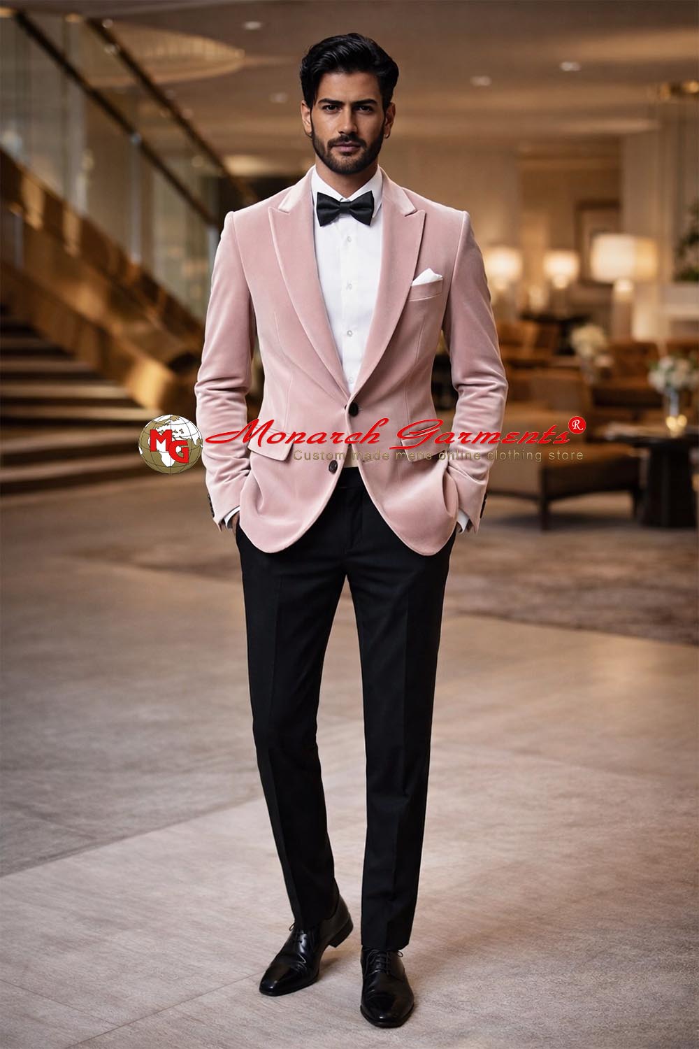 Men wearing soft pink velvet tuxedo jacket with bow tie for wedding and formal events in India