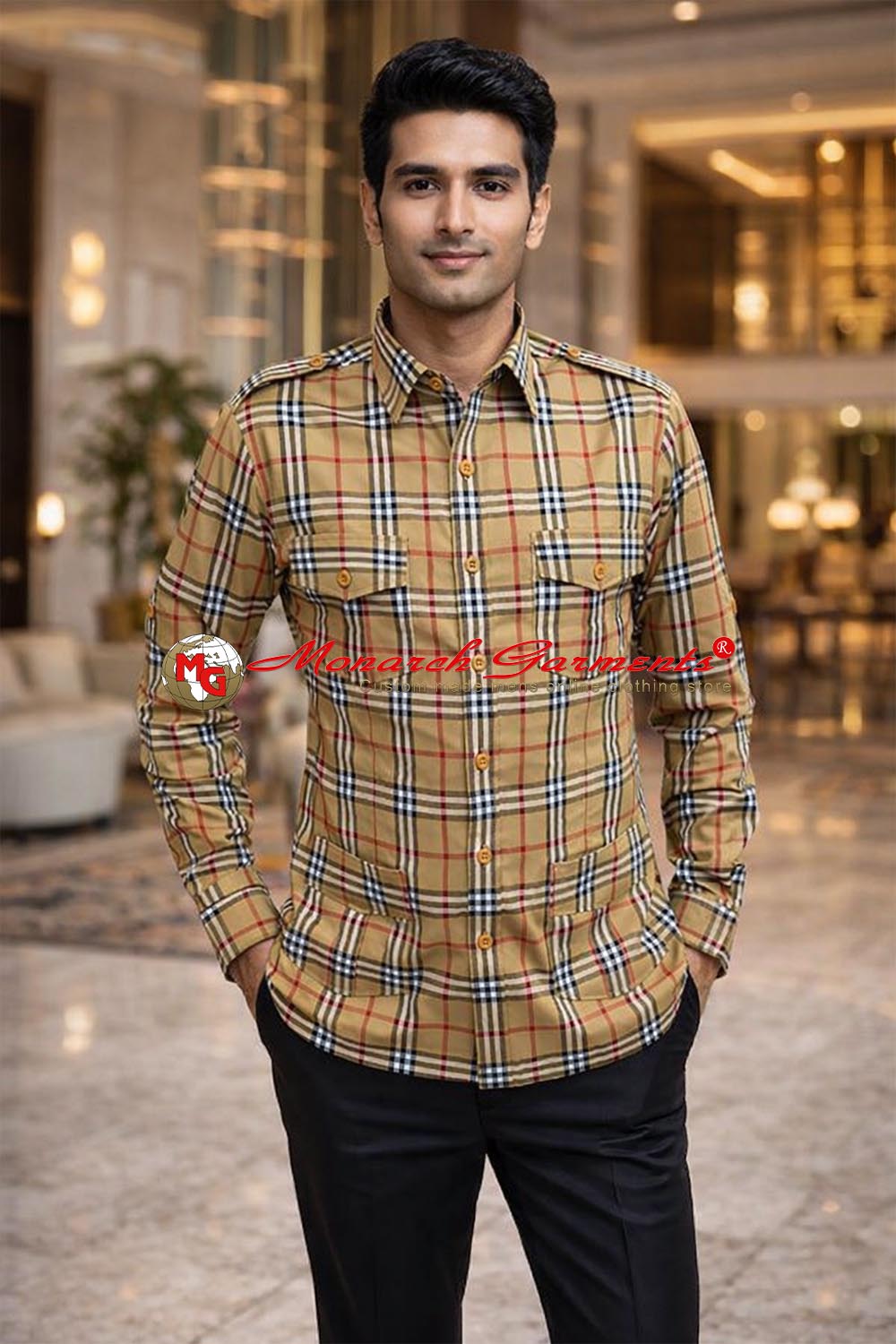 Tan checks cotton safari shirt for men slim fit multi pocket hunting style India