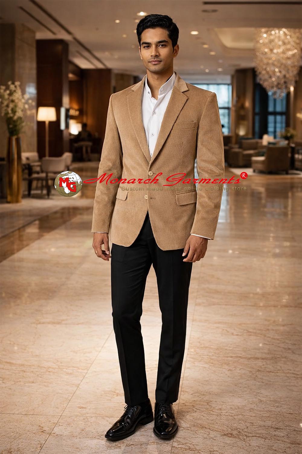 Men wearing tan corduroy blazer with black trousers for office and smart casual wear India