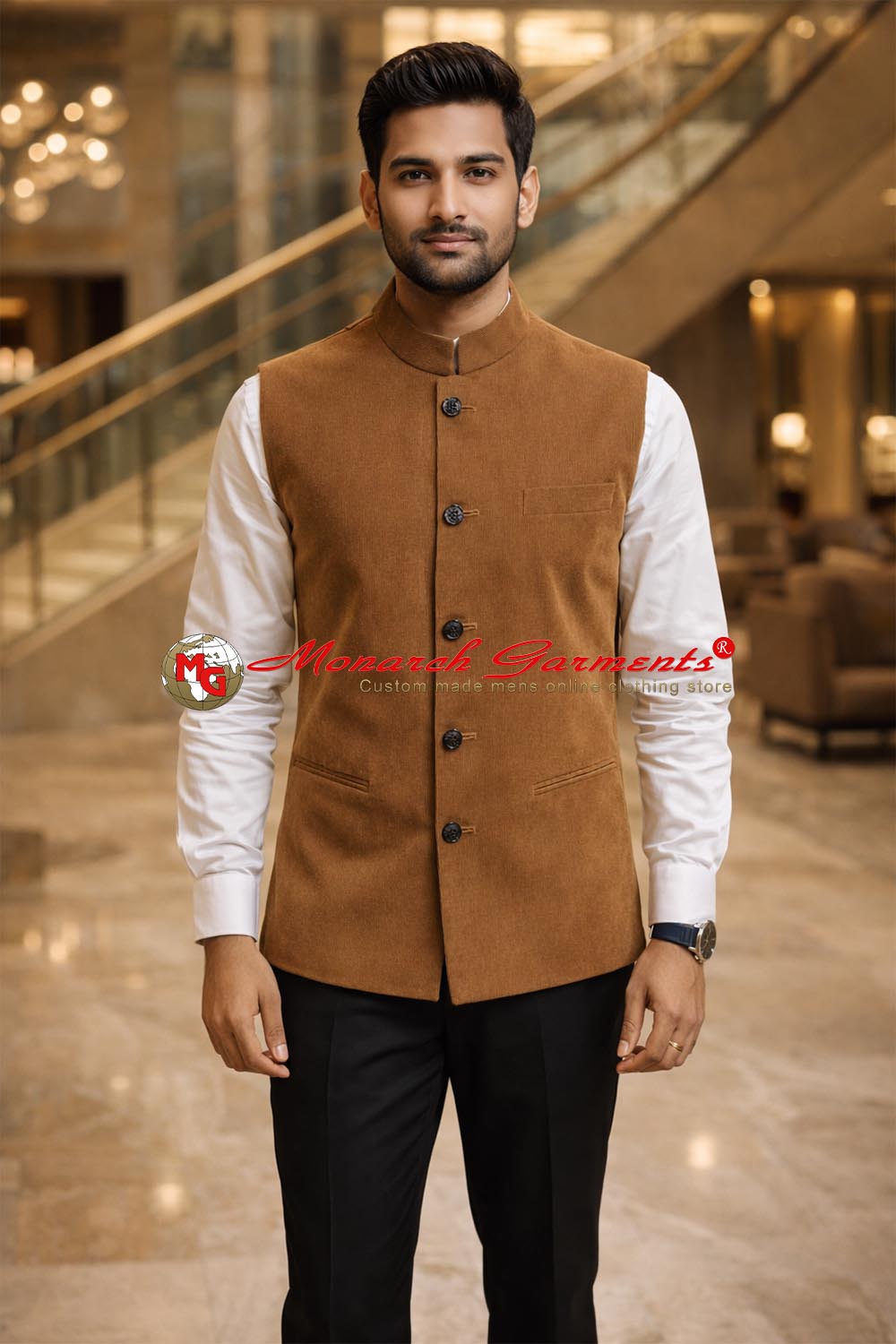 Tan corduroy Nehru vest for men tailored fit casual waistcoat for winter and smart casual wear