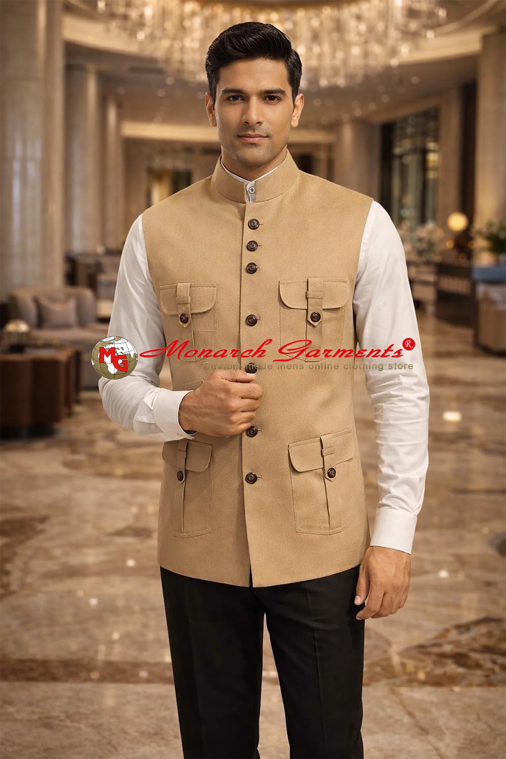 Tan cotton safari Nehru vest for men tailored fit waistcoat with utility pockets for weddings and events