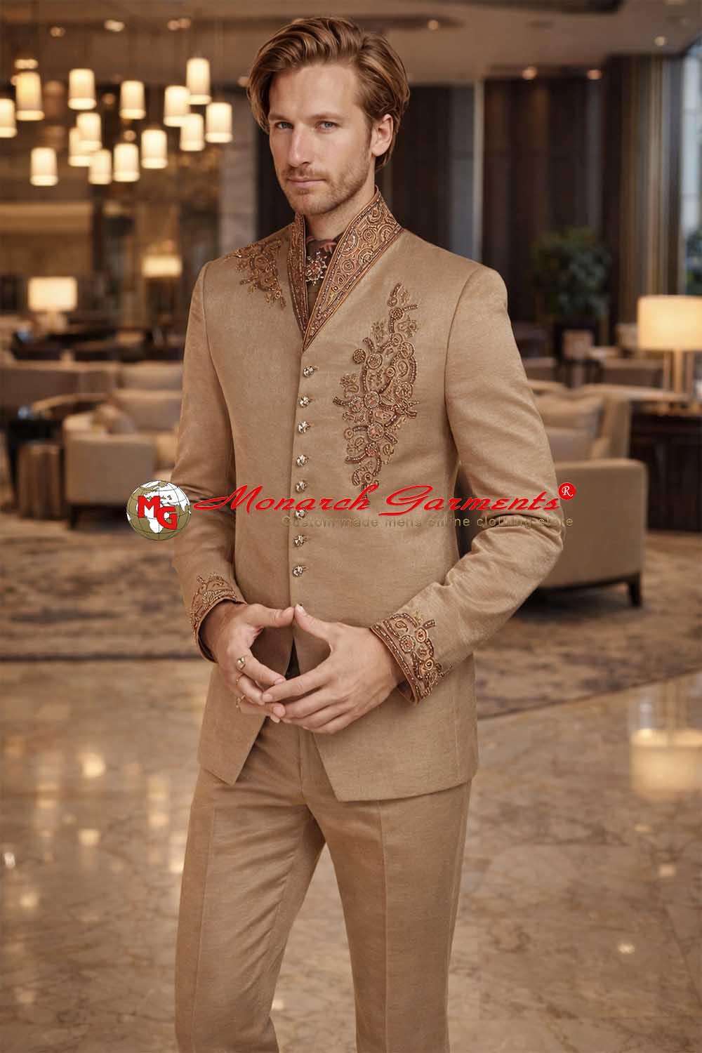 Tan embroidered Jodhpuri suit for men high neck slim fit wedding wear India
