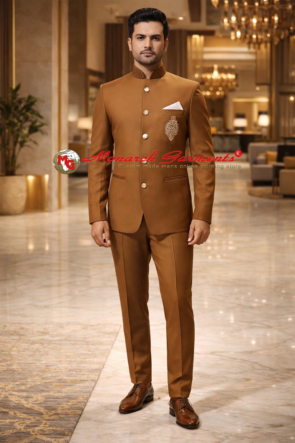 Tan Jodhpuri suit for men with embroidered pocket designer bandhgala by Monarch Garments India