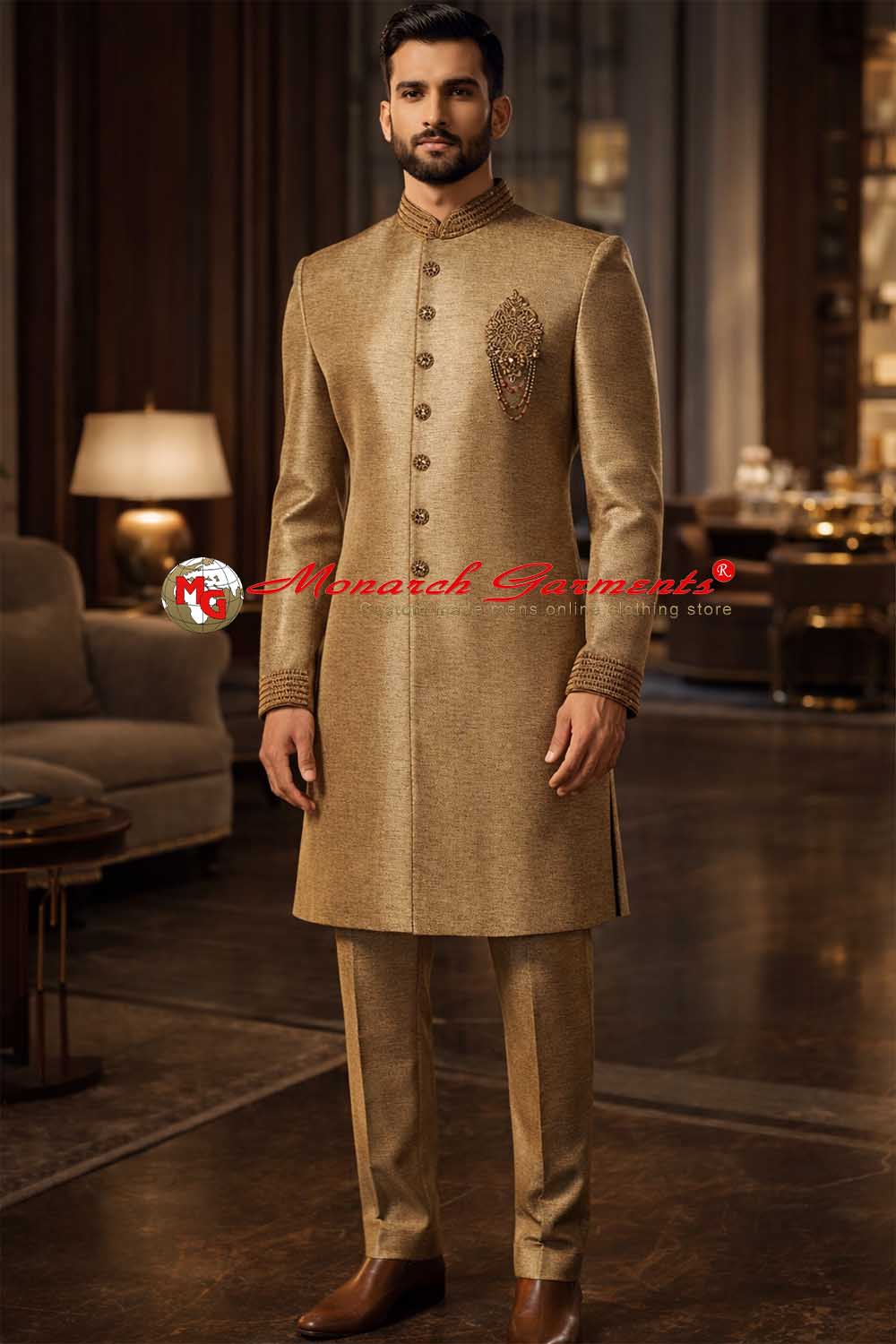 Tan jute Indo Western suit for men with embroidery and velvet pant for wedding and reception wear