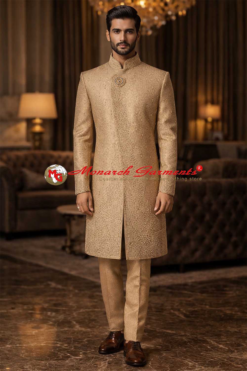 Tan jute Indo Western suit with gold dupion pant for men wedding wear