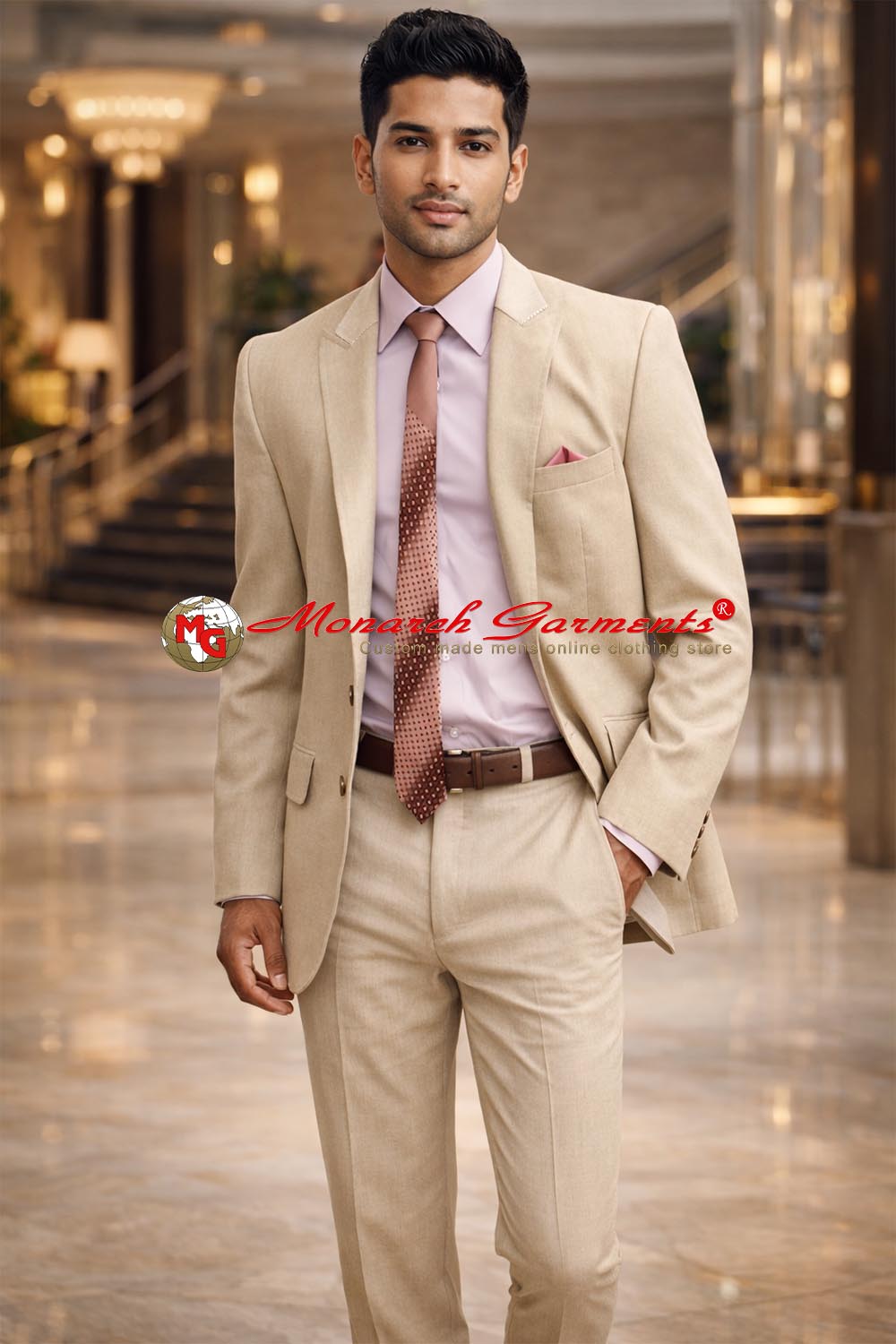Tan linen 5 piece suit for men slim fit formal wedding wear India