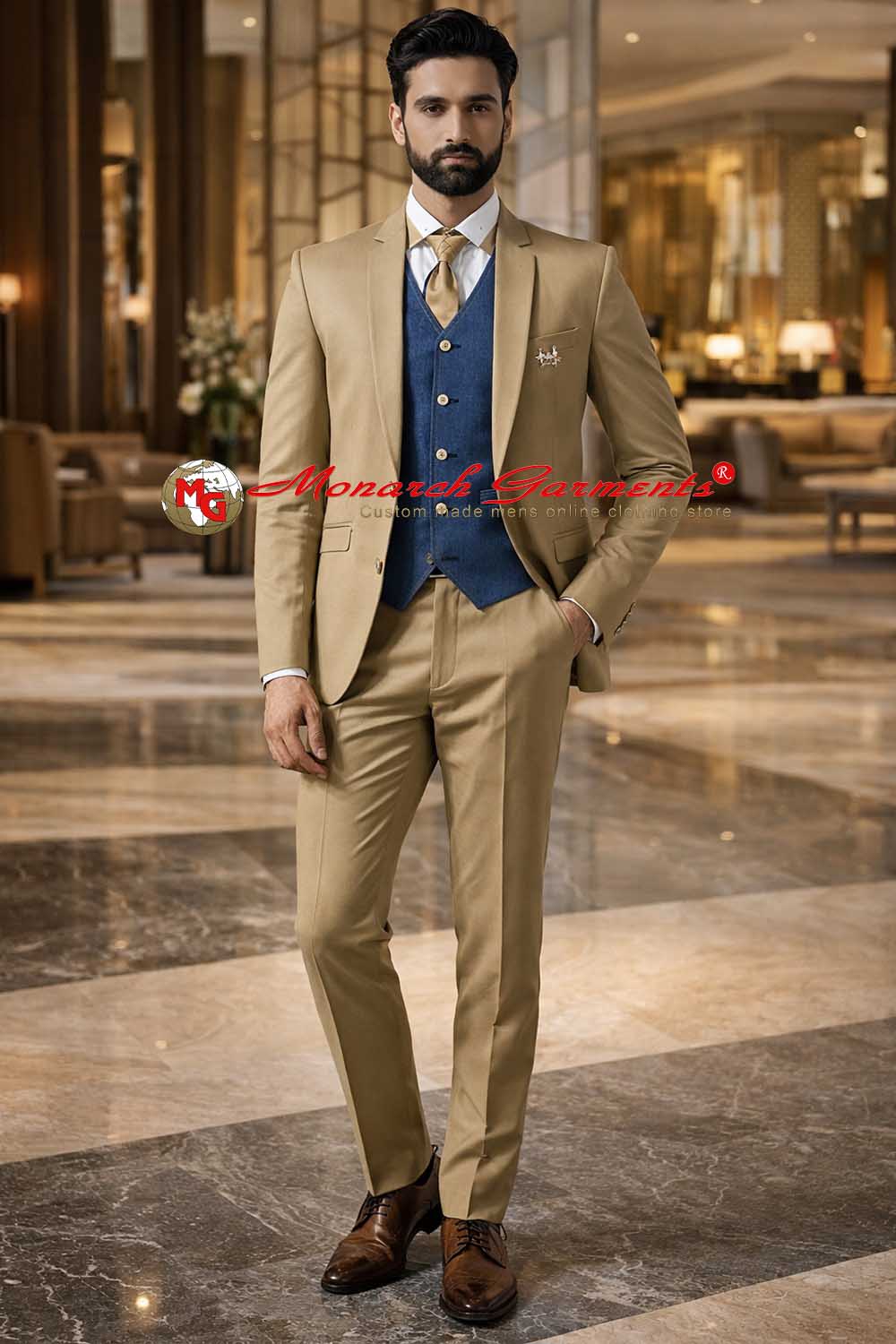 Tan notched lapel tuxedo suit for men slim fit designer wedding formal outfit