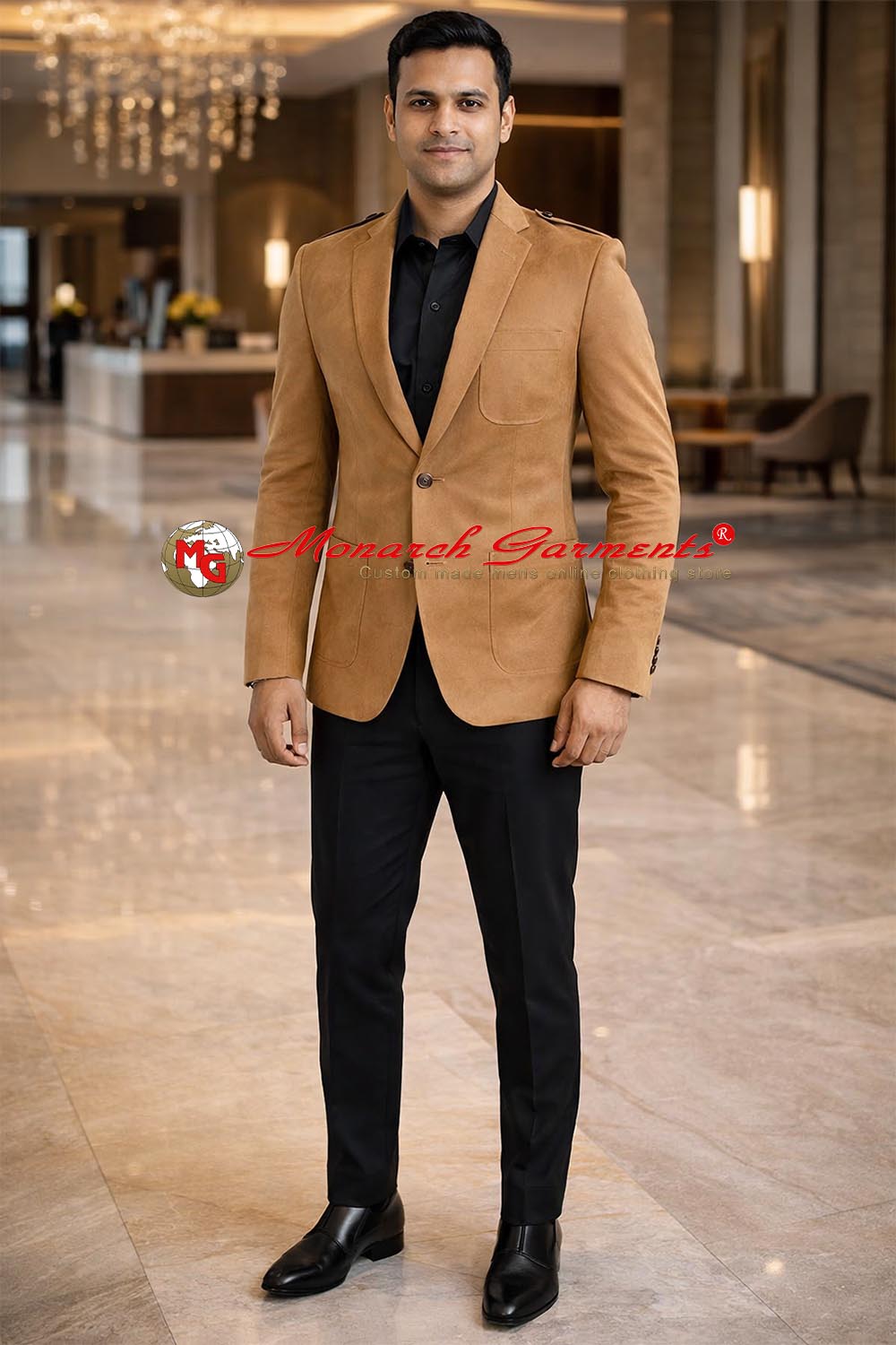 Men's tan suede patch pocket casual blazer by Monarch Garments