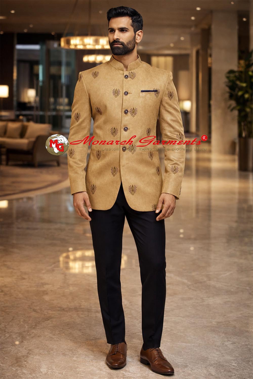Tan Jodhpuri suit for men with thread work design and black trouser slim fit