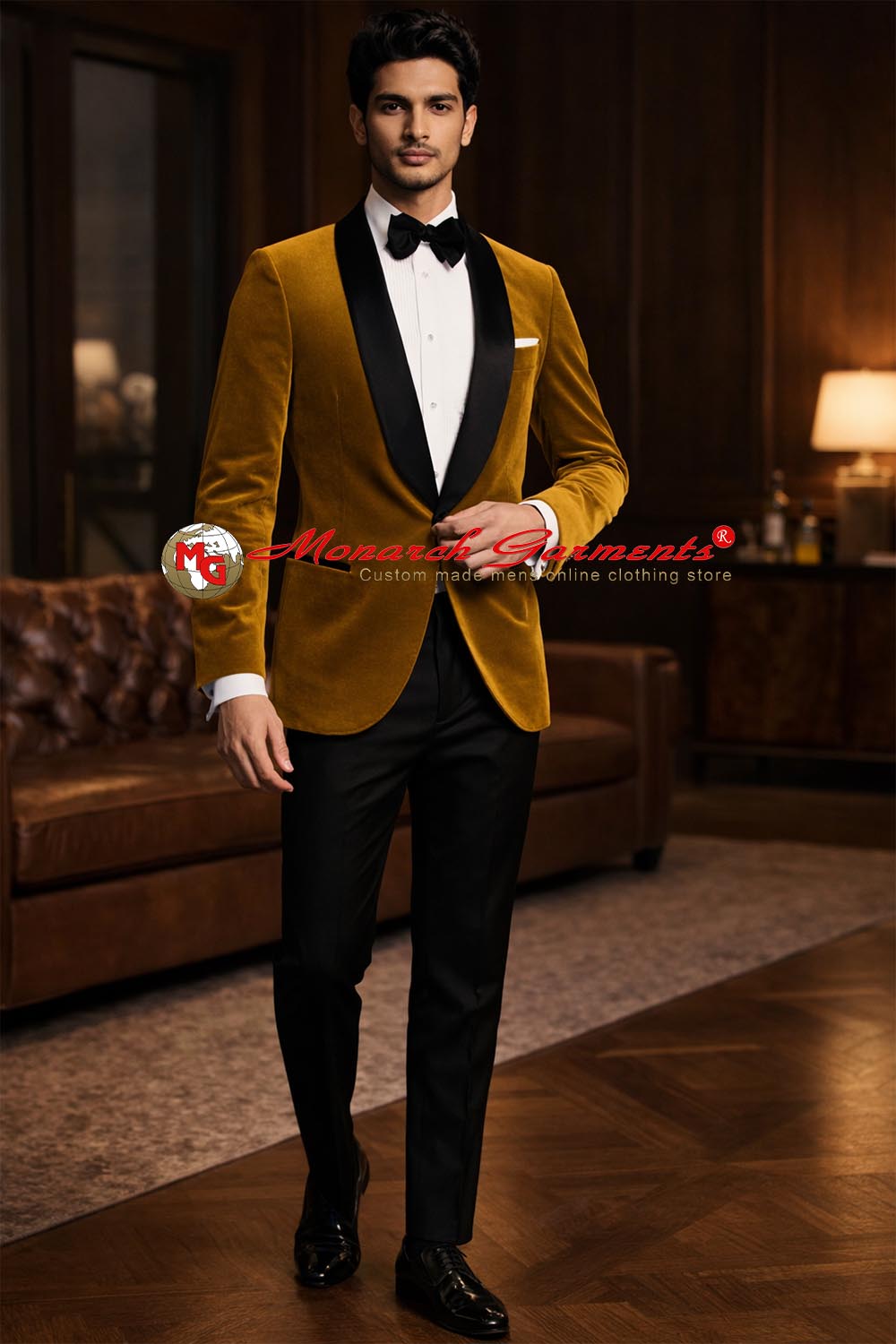 Men's tan velvet one button dinner jacket with black shawl lapel by Monarch Garments