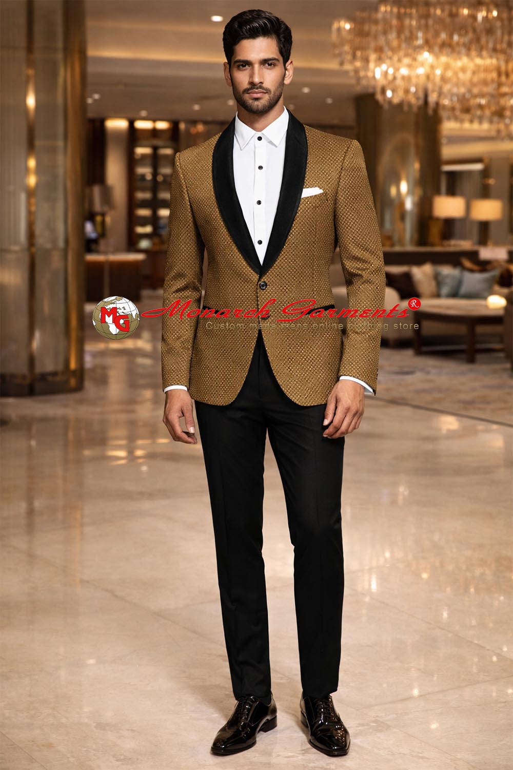Tan velvet slim fit partywear blazer with black satin shawl collar for wedding reception by Monarch Garments