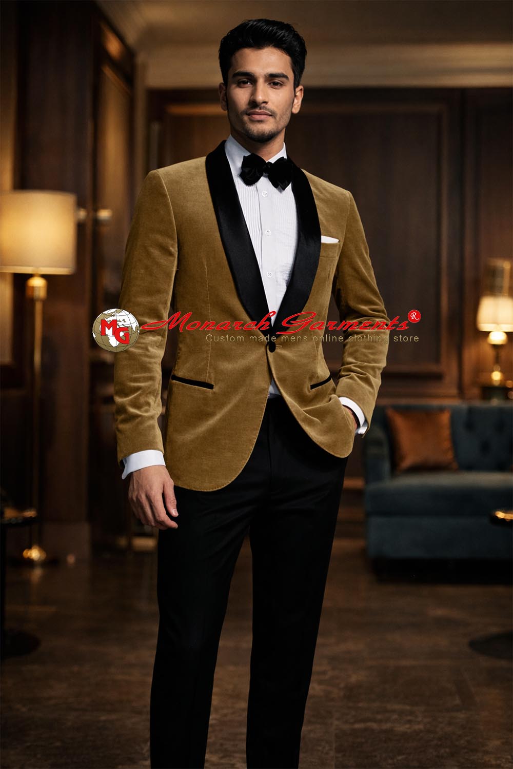 Tan velvet slim fit blazer with black shawl lapel for men by Monarch Garments
