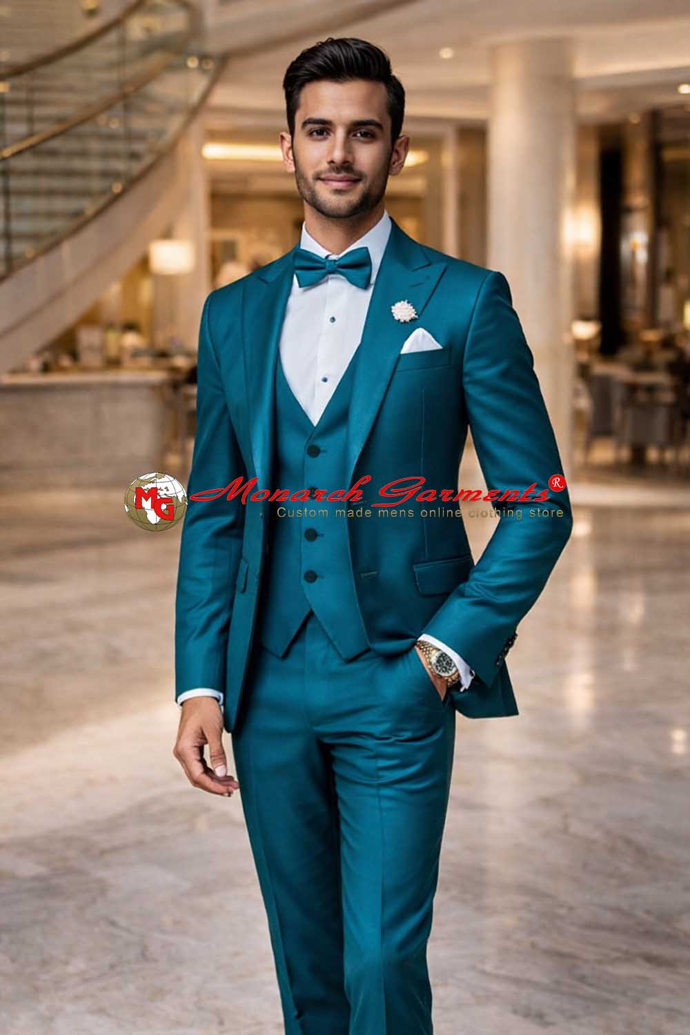 Teal 3 piece tuxedo suit for men slim fit wedding gala formal wear blazer vest trousers