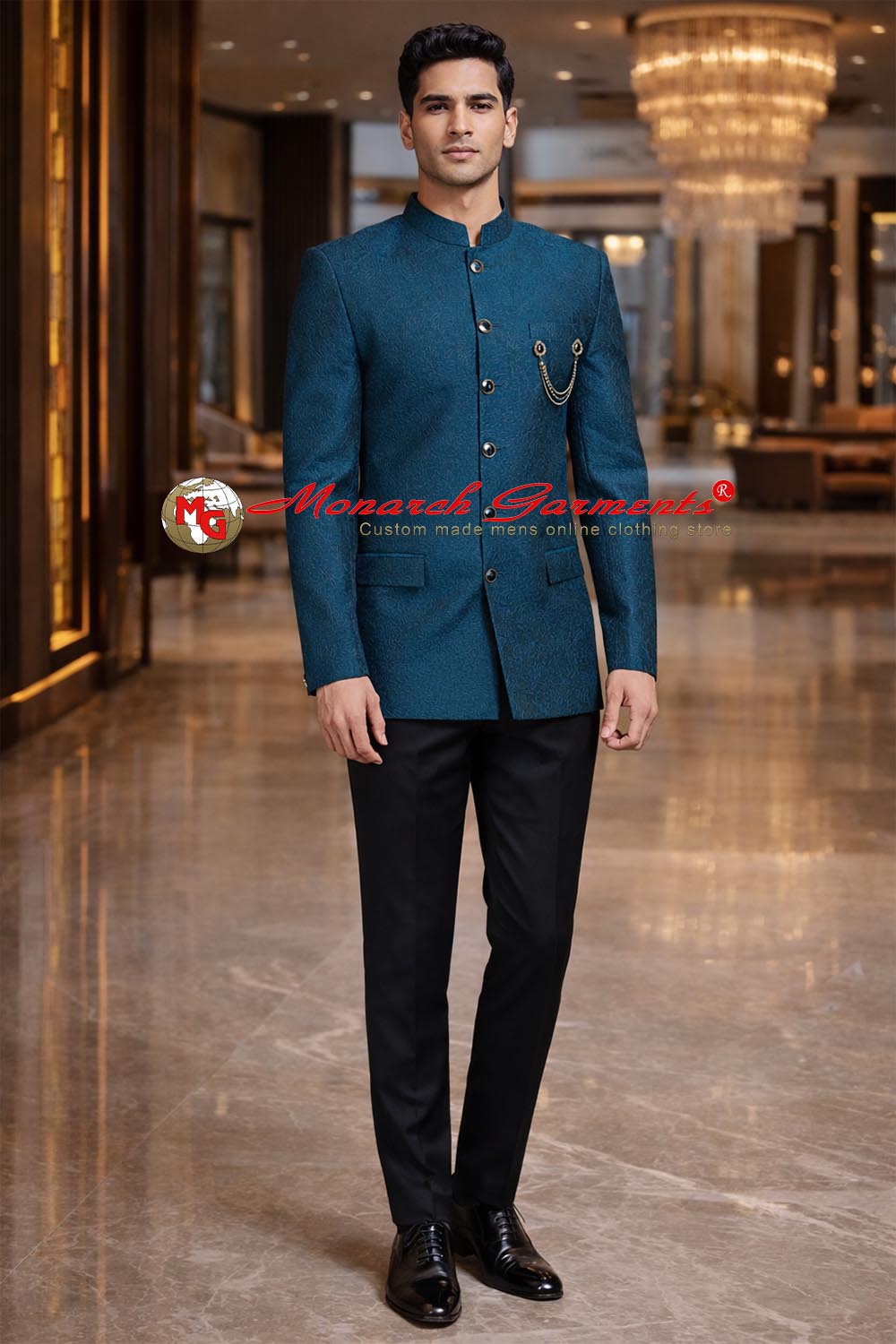 Teal blue embroidered Jodhpuri suit for men with black trousers slim fit