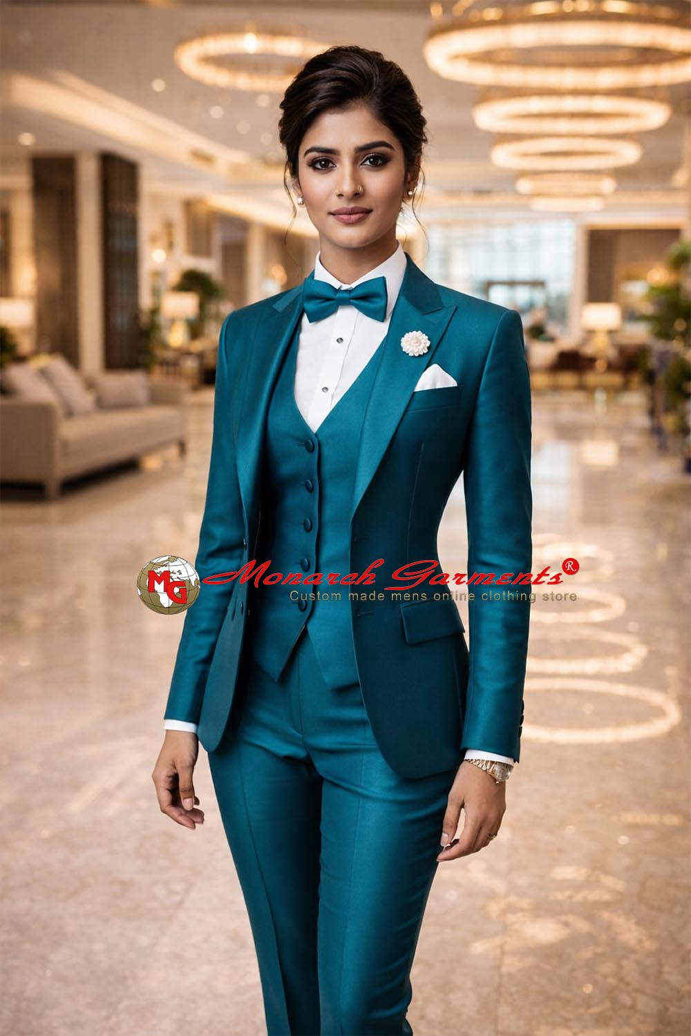 Teal 3 piece tuxedo suit for women slim fit formal suit for receptions in India