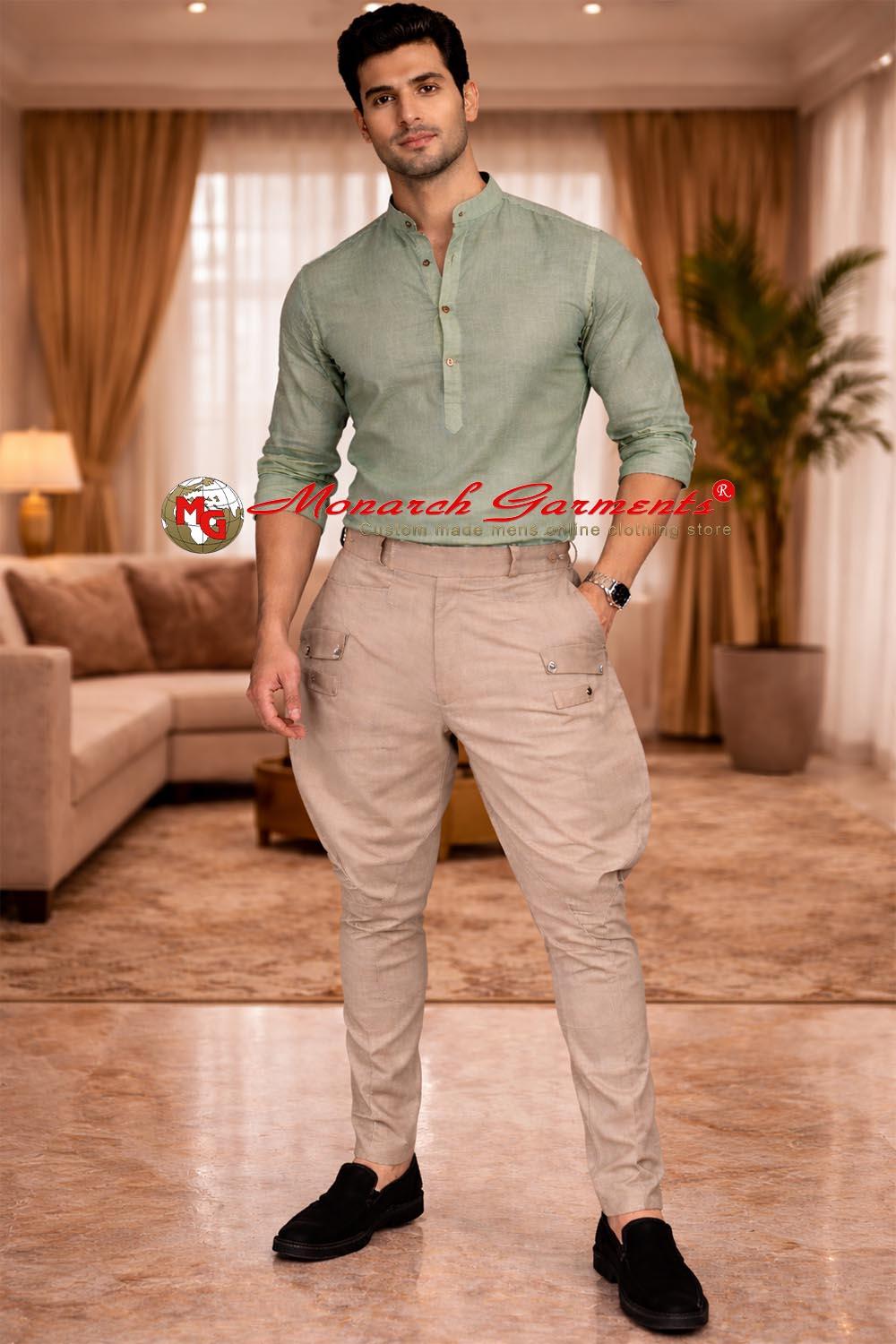 Men’s beige Jodhpuri breeches pants traditional Indian wedding bottom wear by Monarch Garments