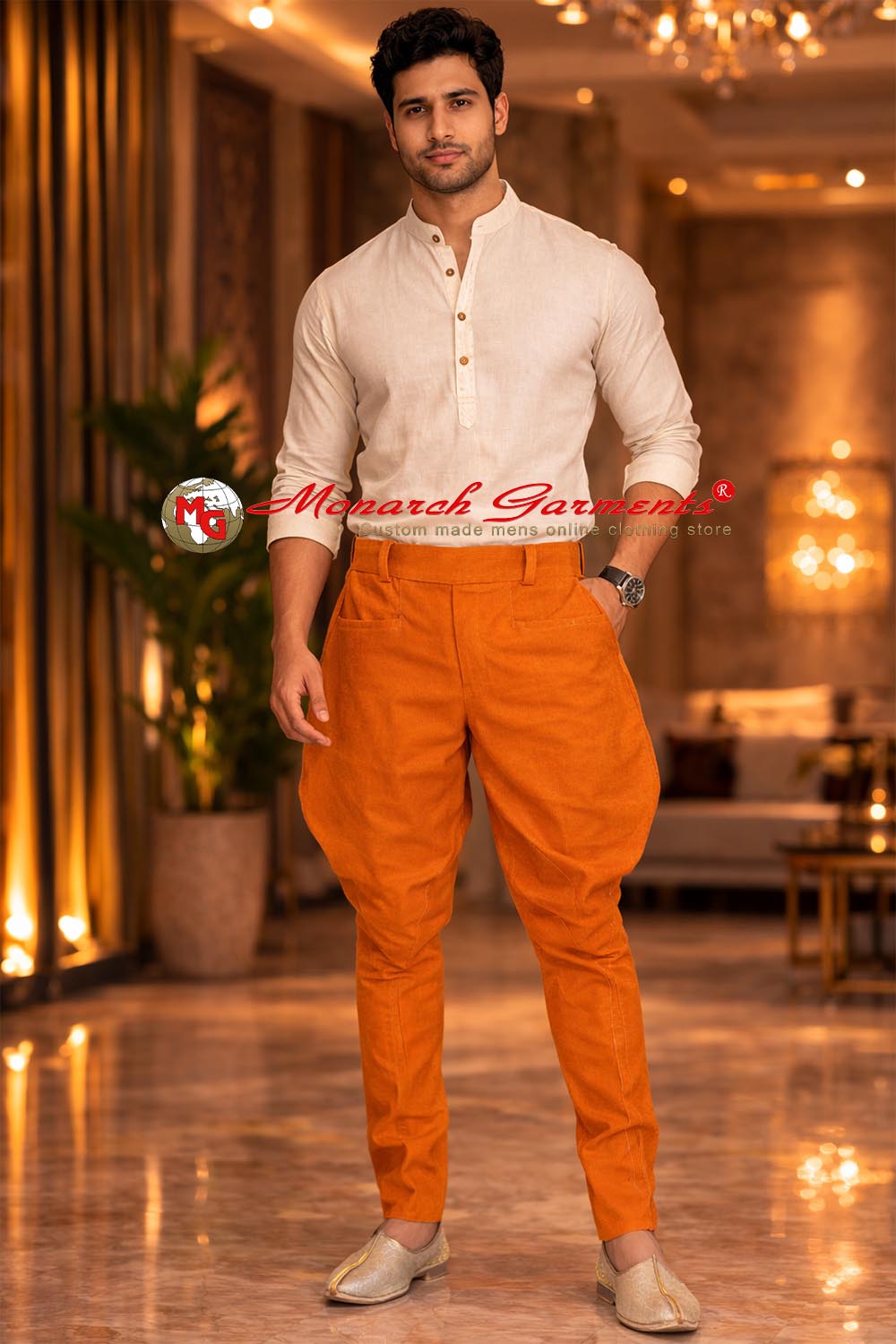 Men’s orange Jodhpuri breeches pants traditional Indian wedding bottom wear by Monarch Garments