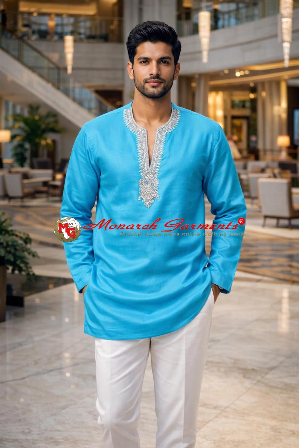 Turquoise linen embroidered V-neck tunic for men summer wedding ethnic wear India