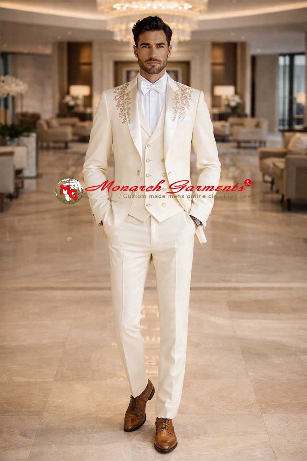 Walnut brown embroidered tuxedo suit for men slim fit wedding wear with floral shoulder detailing
