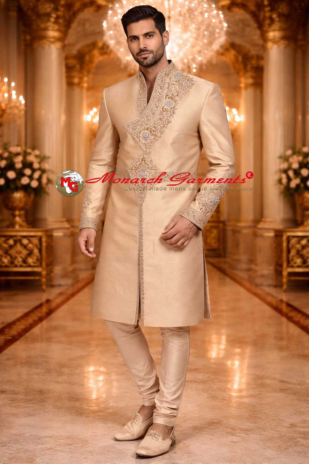 Wheat color angrakha style sherwani for men with hand embroidery wedding outfit India