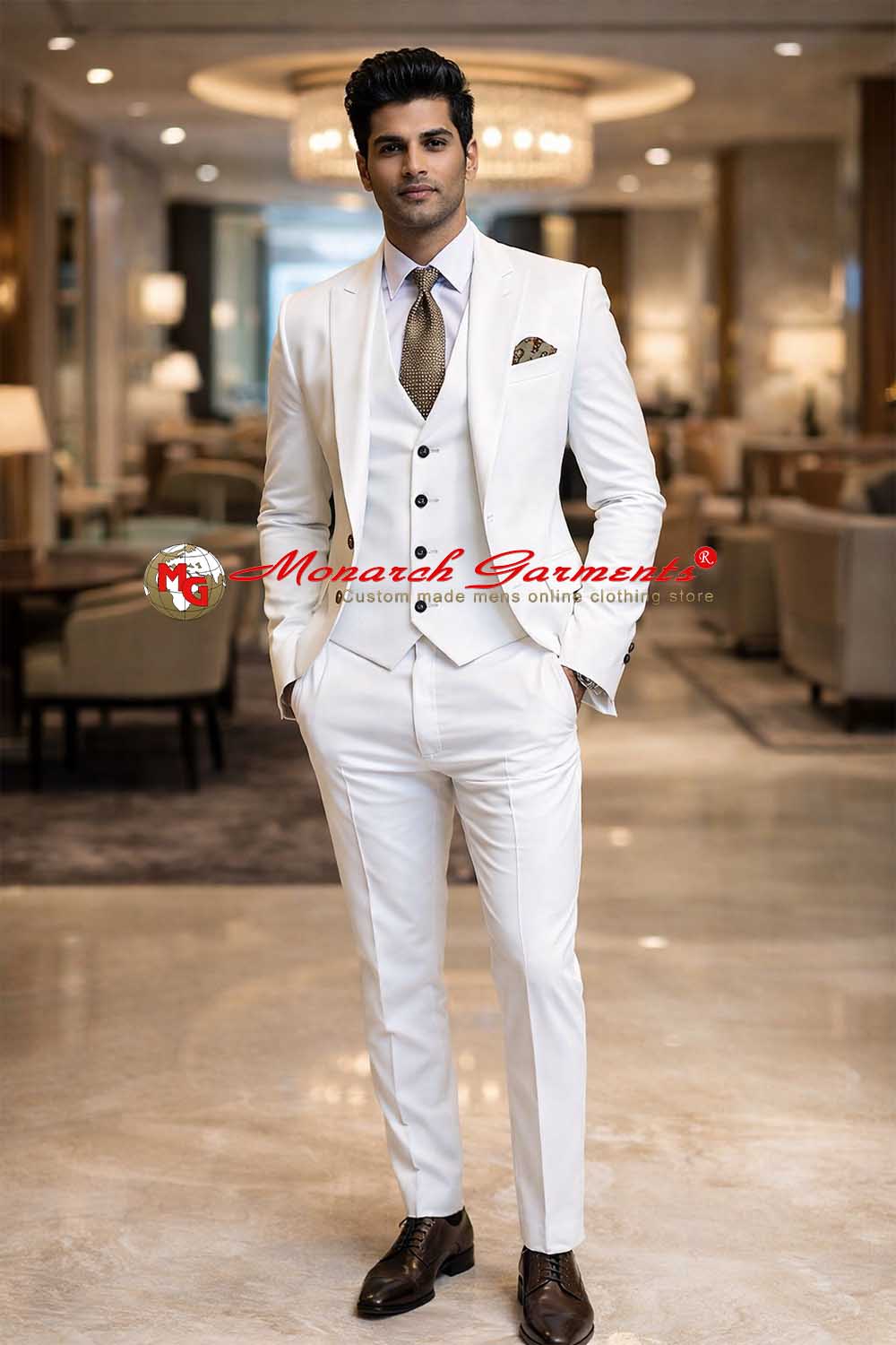 White 3 piece suit for men slim fit with blazer vest and trousers for wedding and formal wear India
