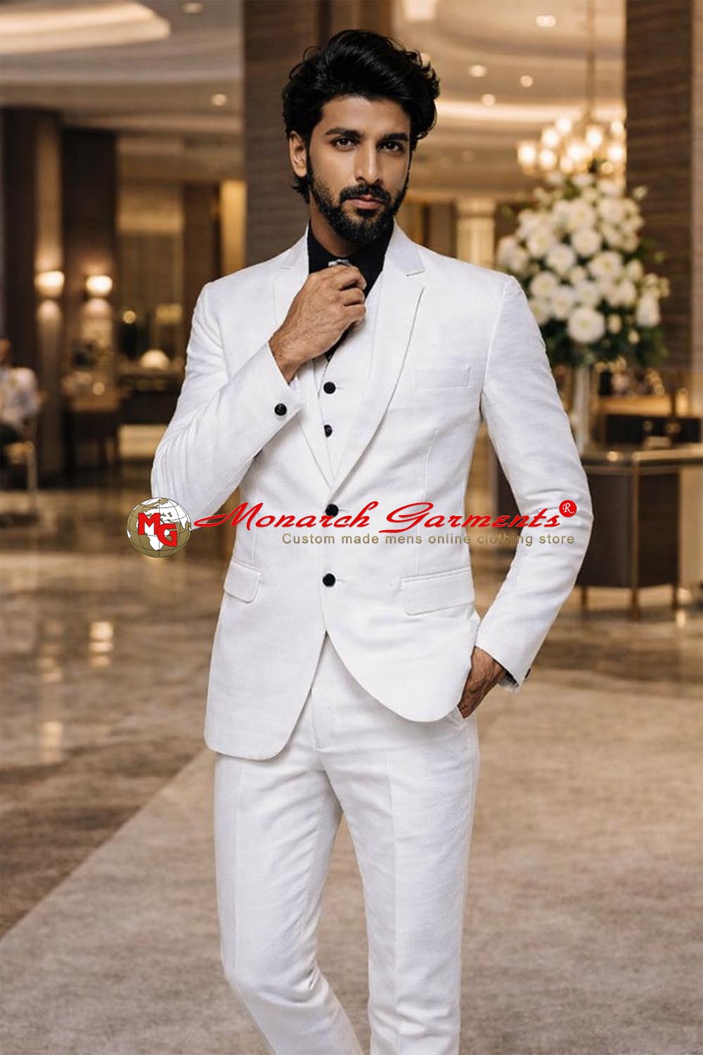 White 5 piece tuxedo suit for men slim fit with blazer vest trousers shirt and tie for wedding wear India
