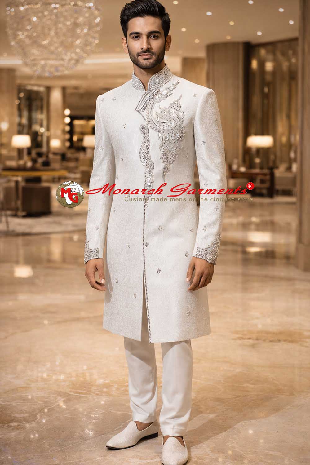 White Angrakha style embroidered Indo Western suit for men wedding outfit
