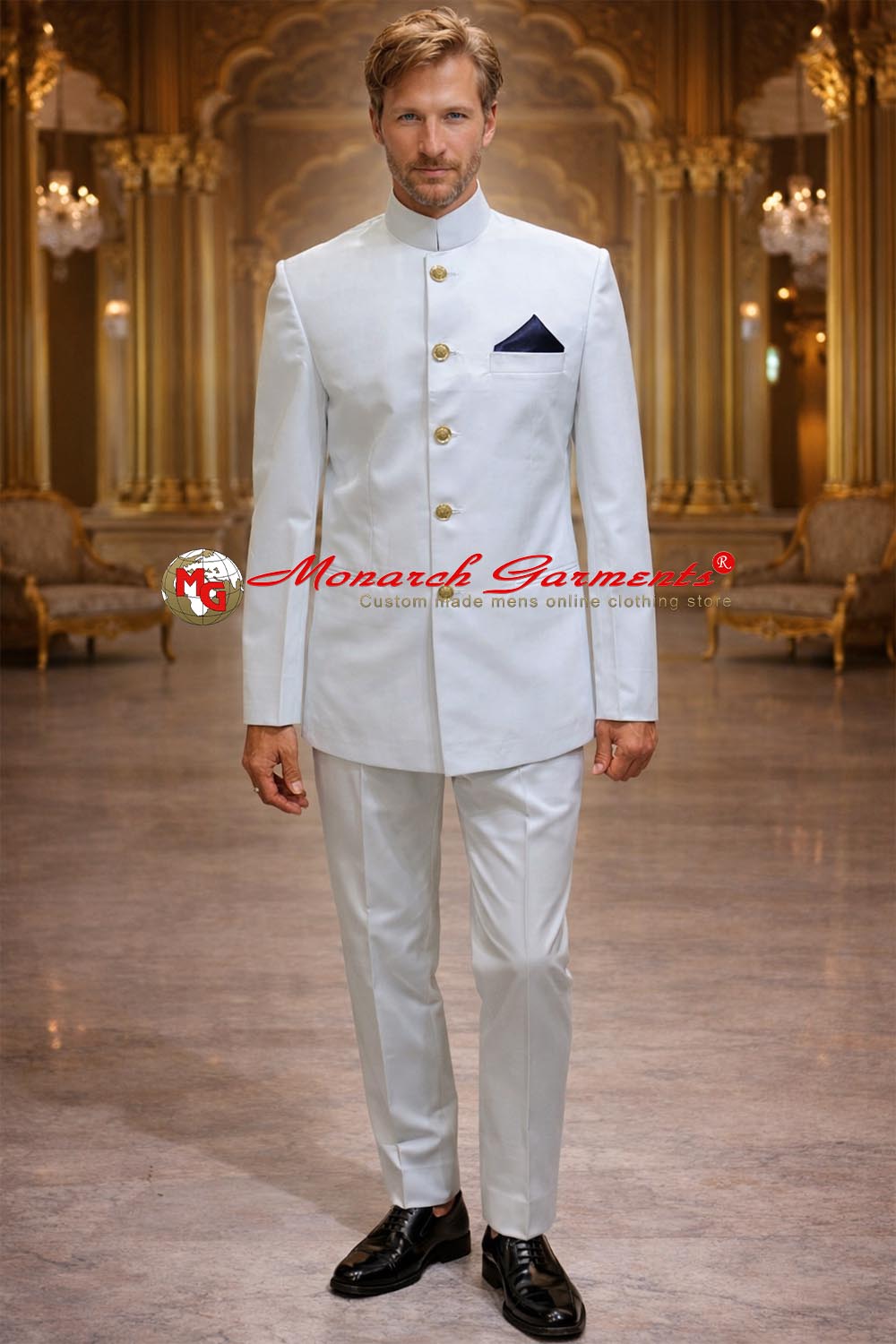 White bandhgala suit for men with gold buttons by Monarch Garments – luxury Indian wedding groom outfit