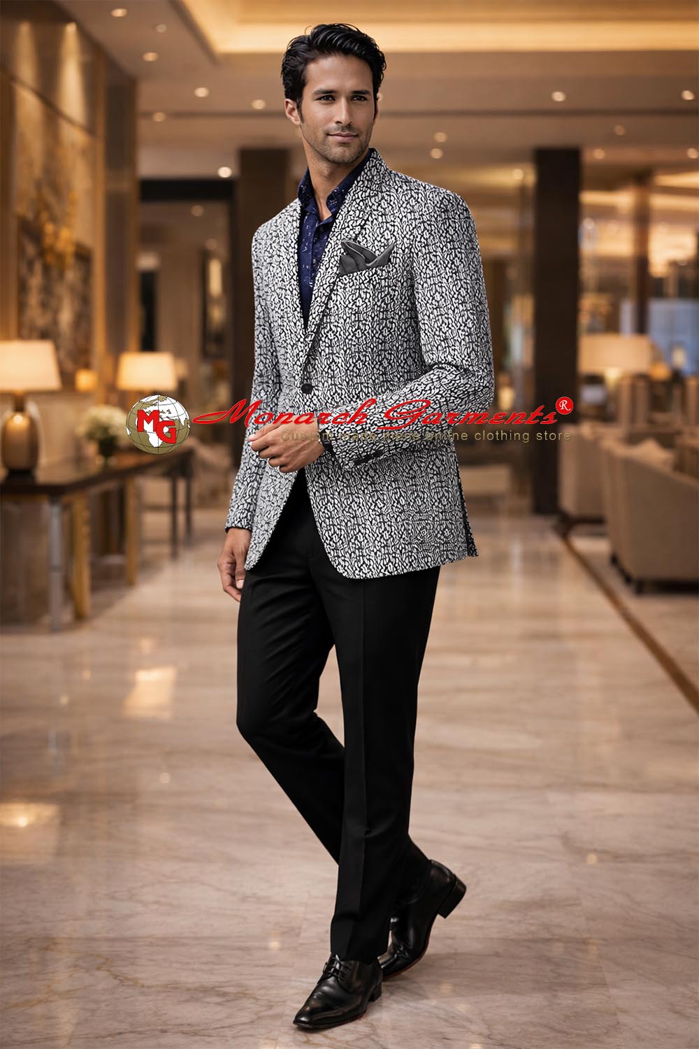 Men wearing white velvet blazer with black textured pattern for party and evening wear India