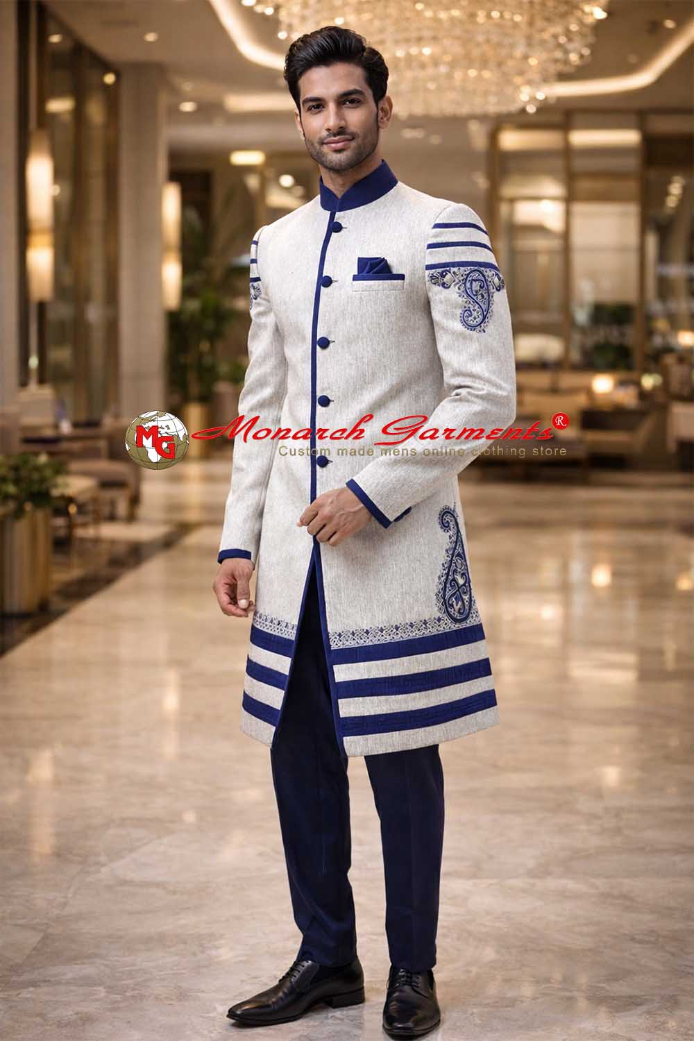 White and blue embroidered Indo western suit for men linen velvet wedding wear India