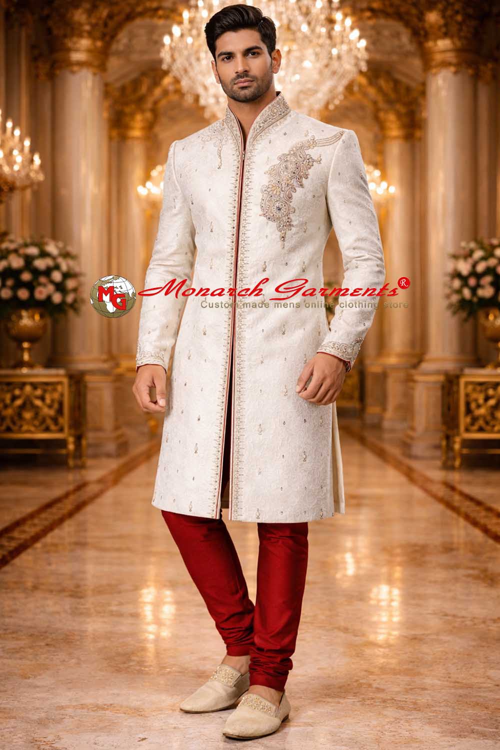 white brocade high collar groom sherwani with maroon churidar for indian wedding by monarch garments
