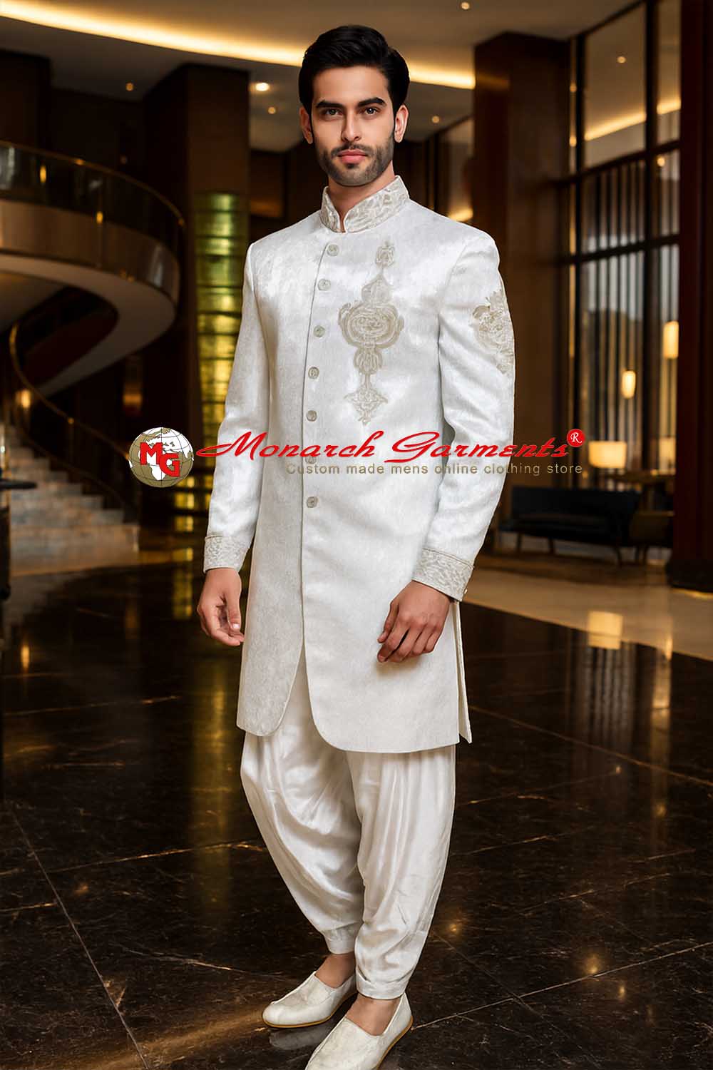 White embroidered Indo Western suit for men with silk salwar brocade fabric wedding wear