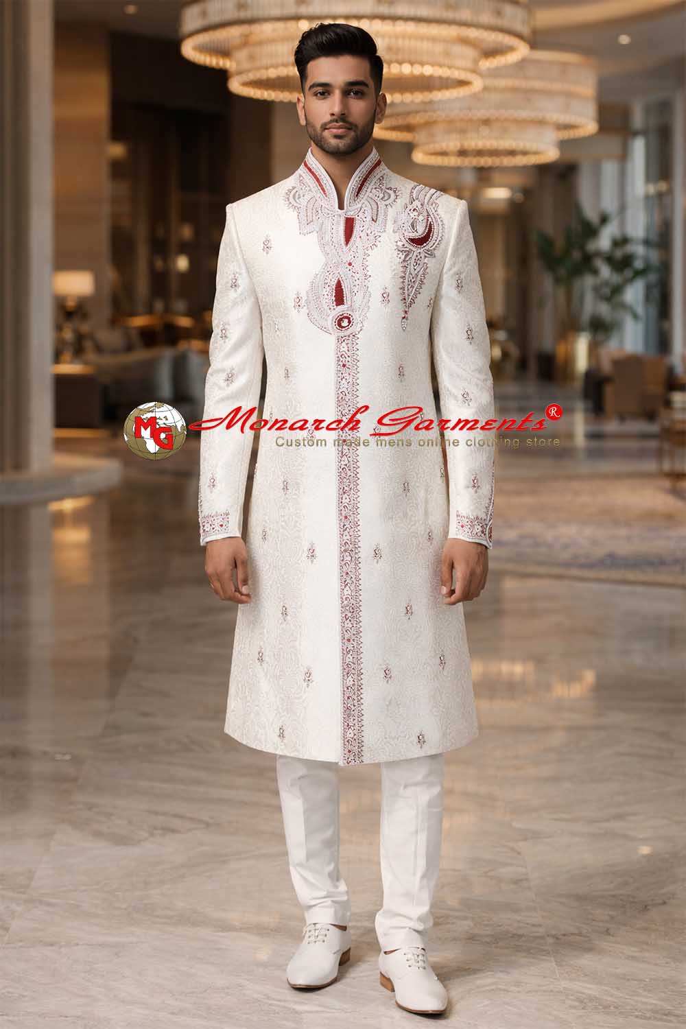 White brocade embroidered sherwani for men with churidar wedding outfit