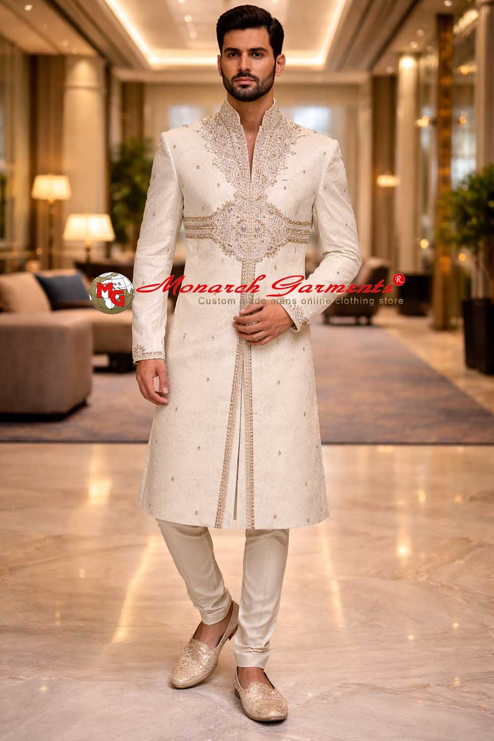 White brocade embroidered wedding sherwani for men with cream churidar pyjama by Monarch Garments