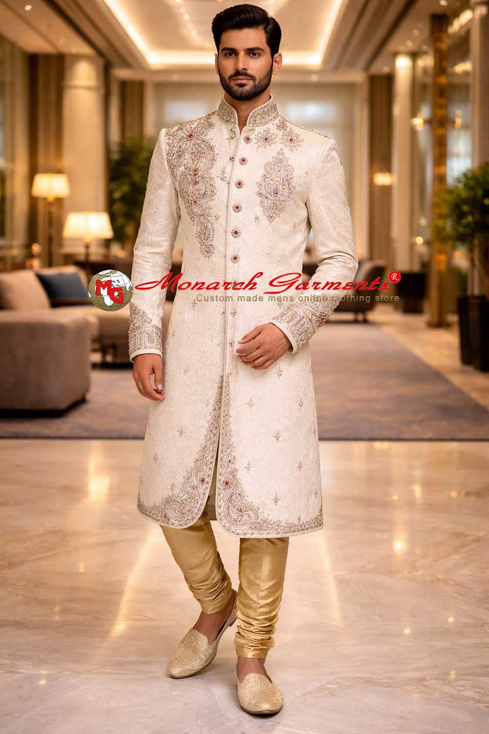 White brocade embroidered wedding sherwani for men with golden breeches style pyjama by Monarch Garments
