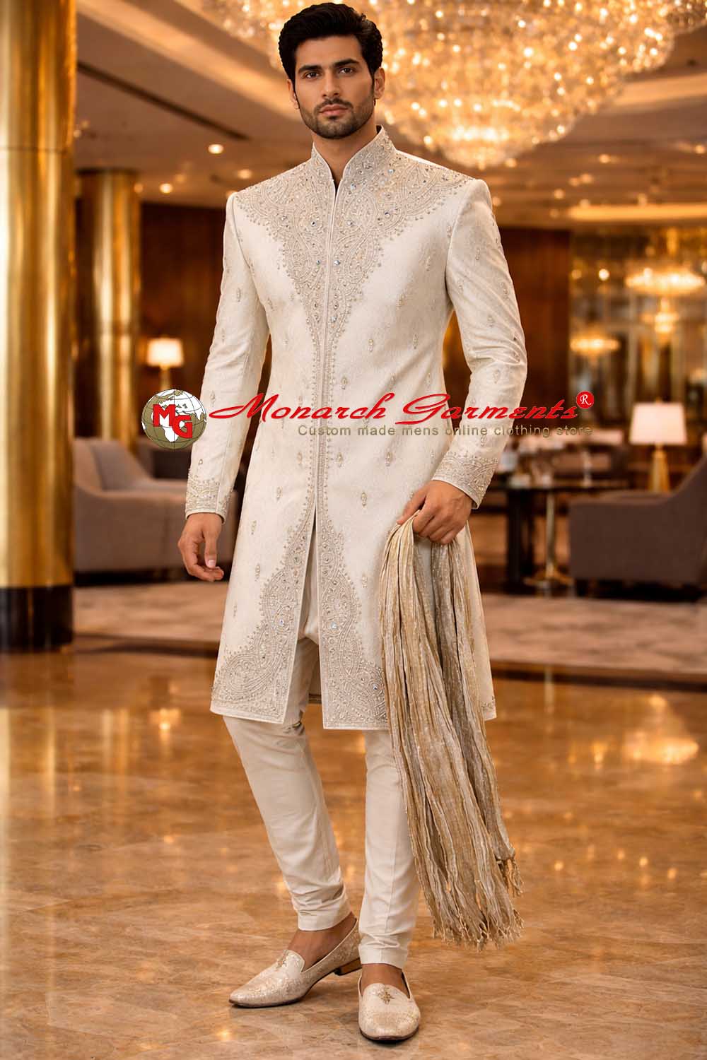 white brocade embroidered high collar groom sherwani set for indian wedding monarch garments