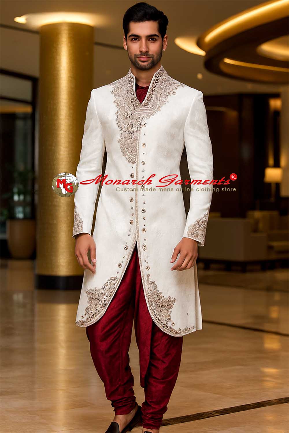 White brocade Indo western sherwani for men with maroon dhoti style wedding wear