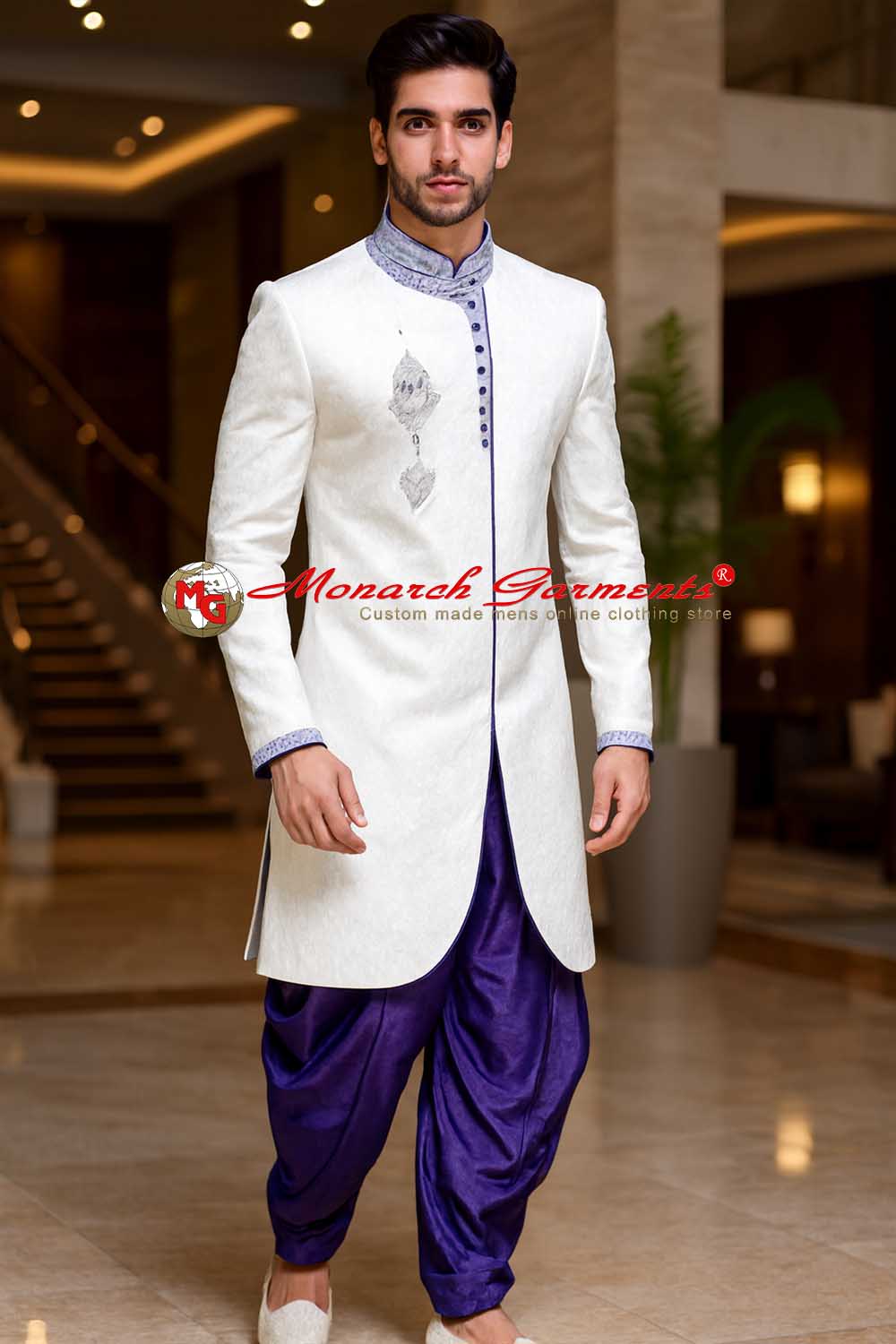 White brocade Indo Western suit for men with violet silk salwar wedding outfit