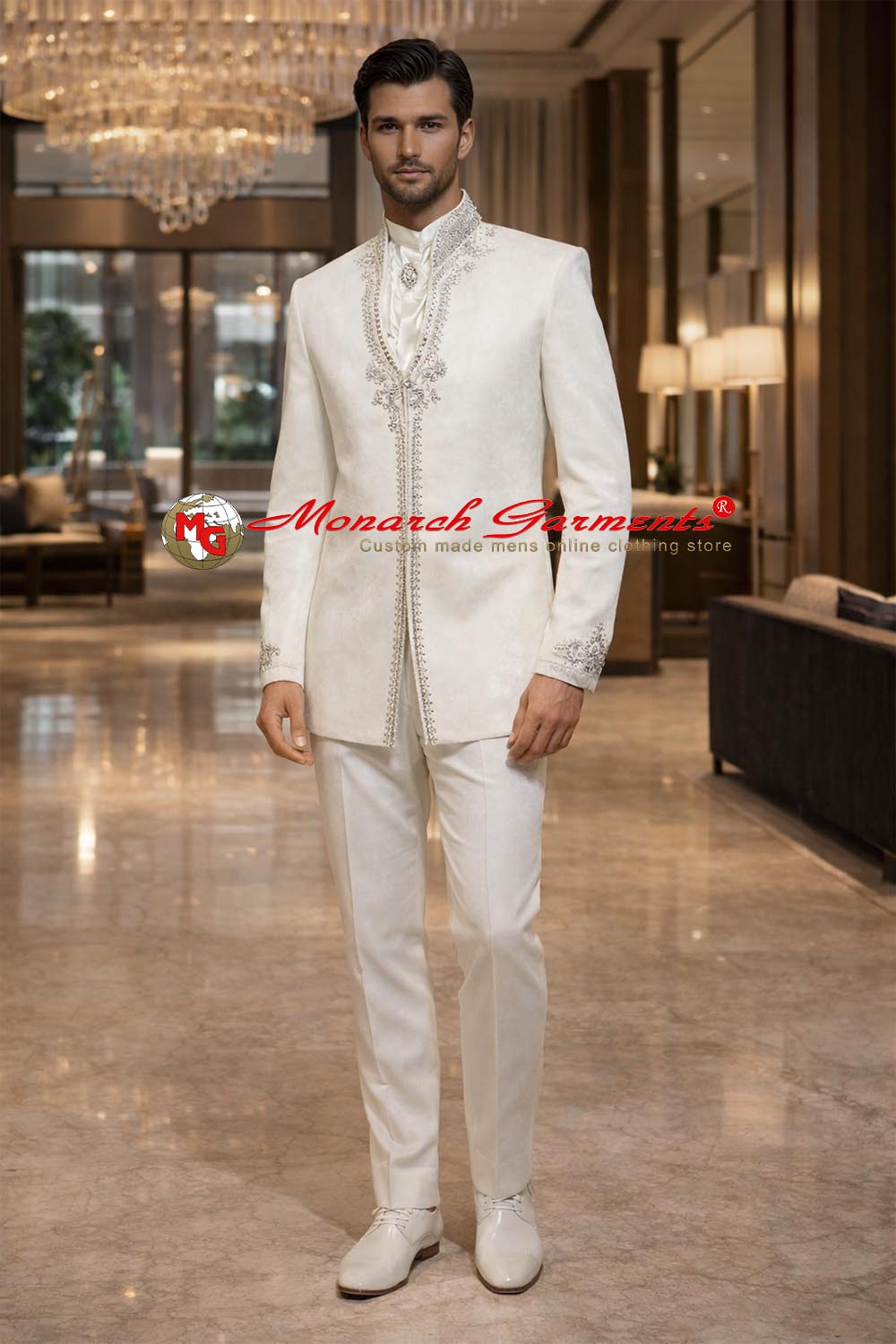 White designer embroidered wedding suit for men with scarf and brooch by Monarch Garments